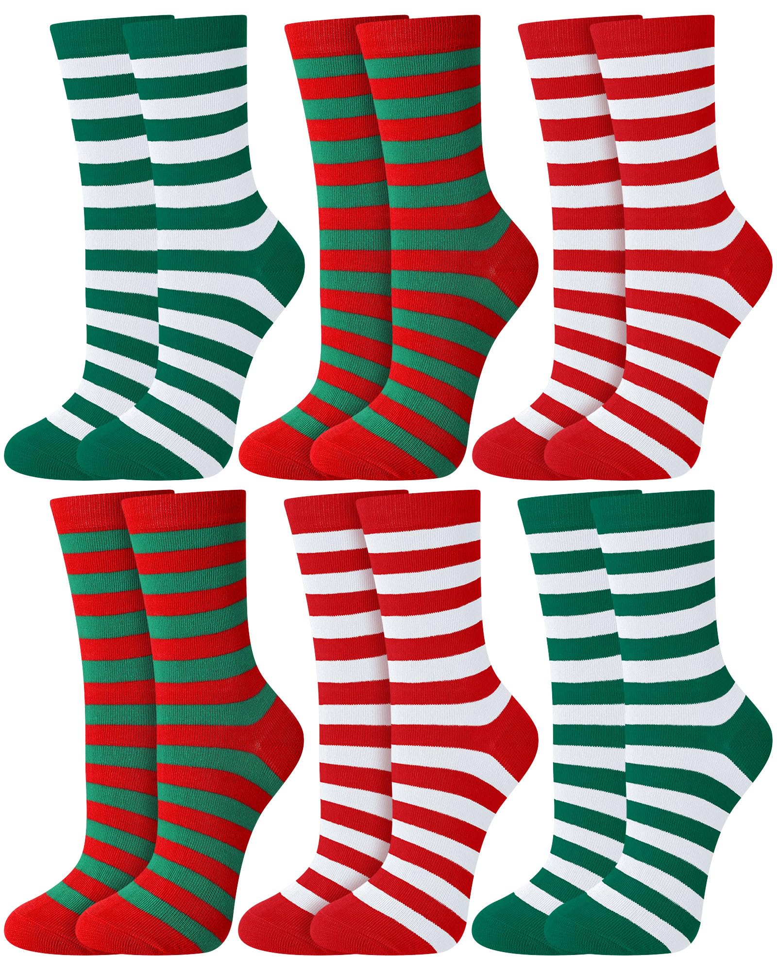 Eurzom 6 Pairs Christmas Women's Striped Socks Holiday Novelty Crew Socks Bulk Holiday Gift for Xmas Women Men Elf Costume(Red White, Green White, Red and Green) - Medaid International