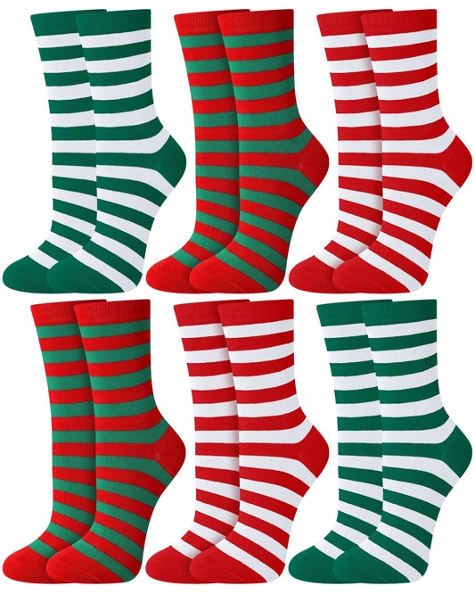 Eurzom 6 Pairs Christmas Women's Striped Socks Holiday Novelty Crew Socks Bulk Holiday Gift for Xmas Women Men Elf Costume(Red White, Green White, Red and Green) - Medaid International