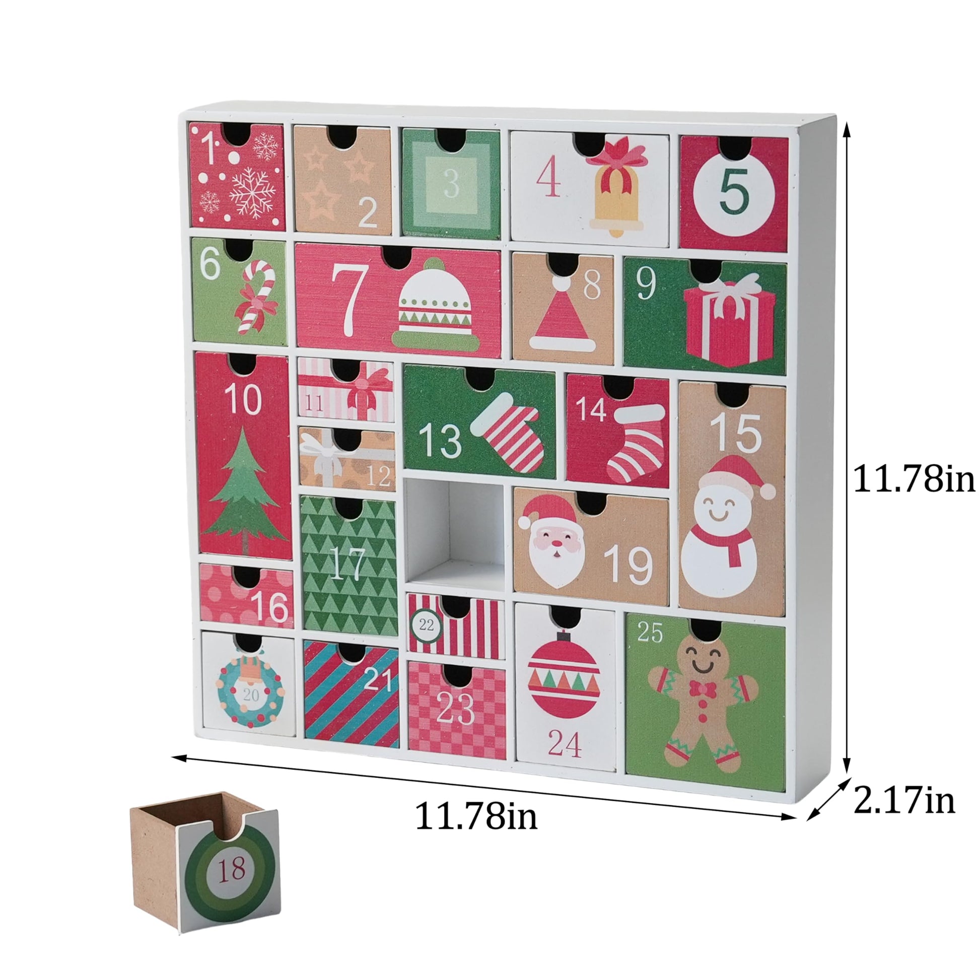 Wooden Advent Calendar with 25 Drawers for Kids, Refillable Advent Calendar for 2025, Red&Green Reusable Christmas Countdown Calendar with Classic Holiday Designs - Medaid International