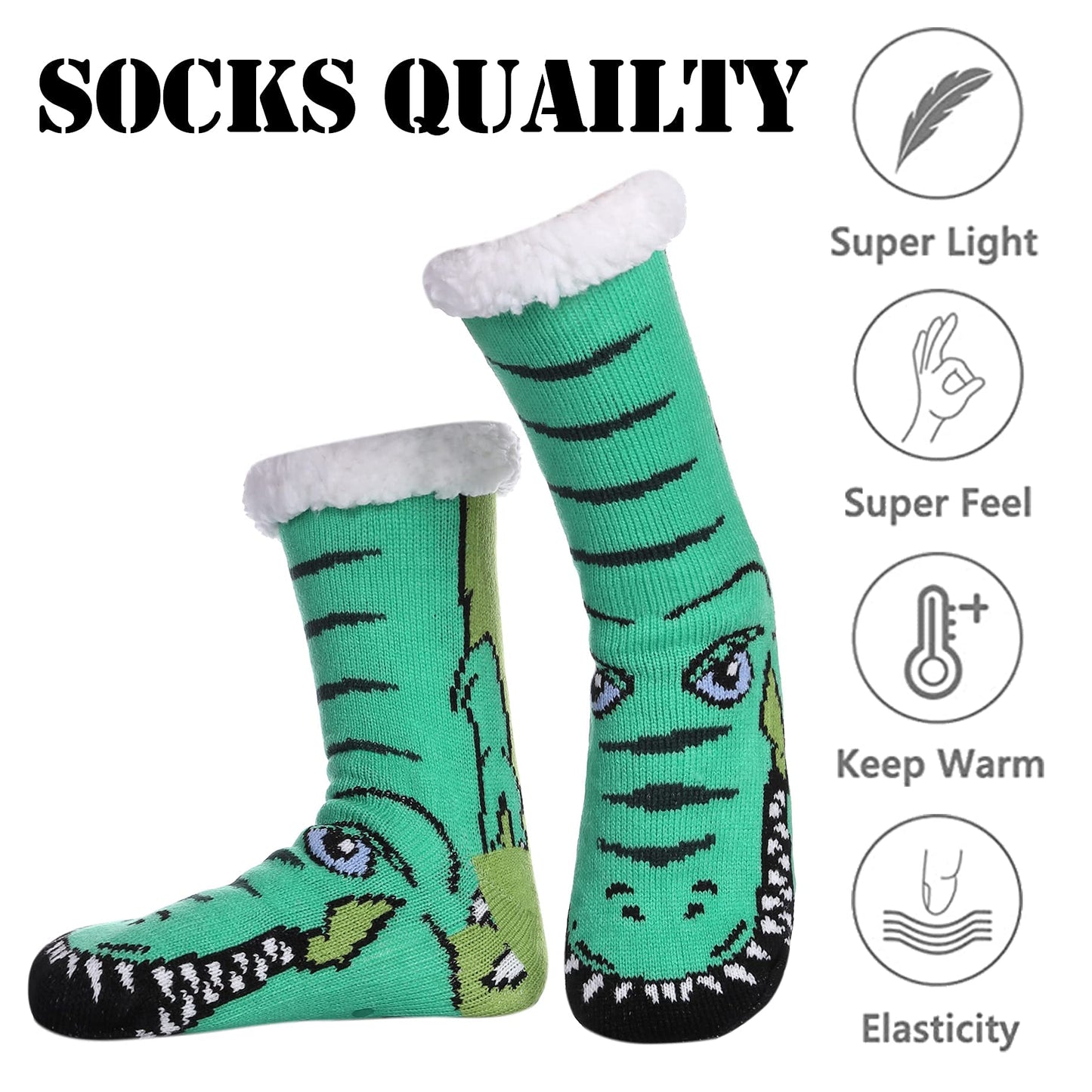 LINEMIN Mens Warm Slipper Socks Soft Cozy Fuzzy Fleece-Lined Winter Non Slip Indoor Christmas Socks (Dinosaur Green) - Medaid International