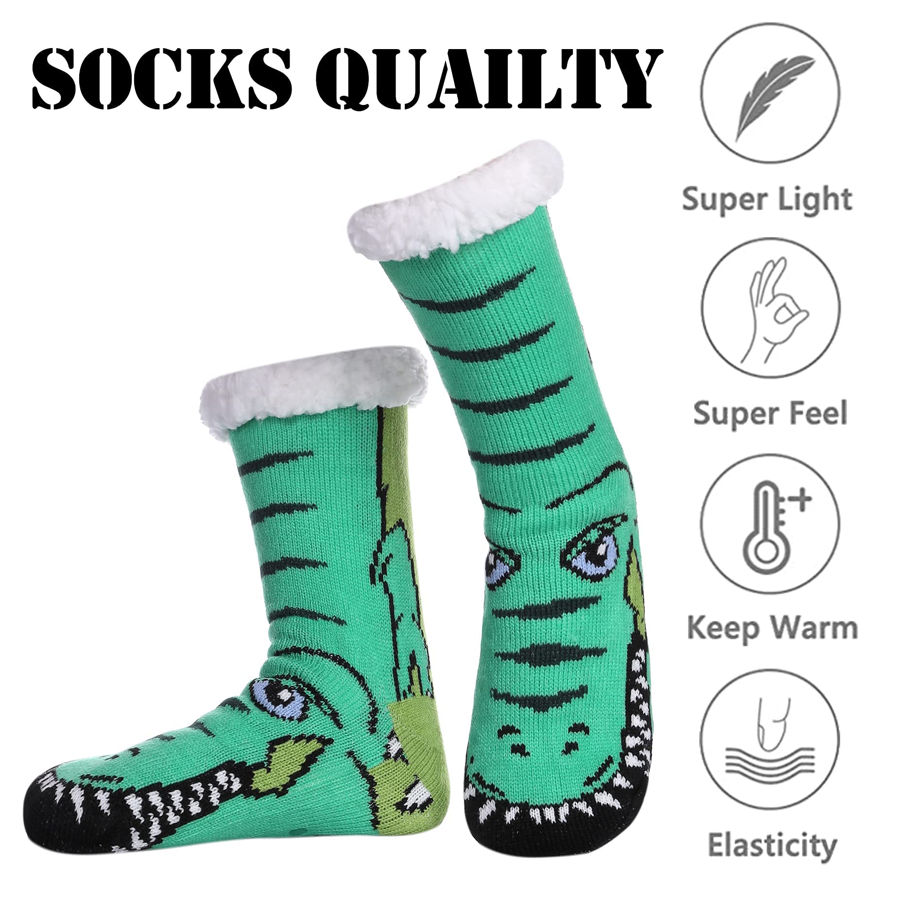LINEMIN Mens Warm Slipper Socks Soft Cozy Fuzzy Fleece-Lined Winter Non Slip Indoor Christmas Socks (Dinosaur Green) - Medaid International