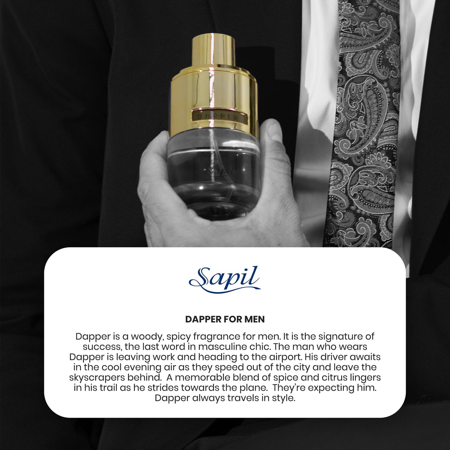 Sapil Dapper Eau de Parfum for Men – Long-Lasting Dubai Perfume – Woody, Spicy, Amber & Fresh Citrus Scent with Cinnamon & Patchouli –3.4 Oz (100ml) – Luxurious Arabic Perfume for Daily & Evening Wear - Medaid International