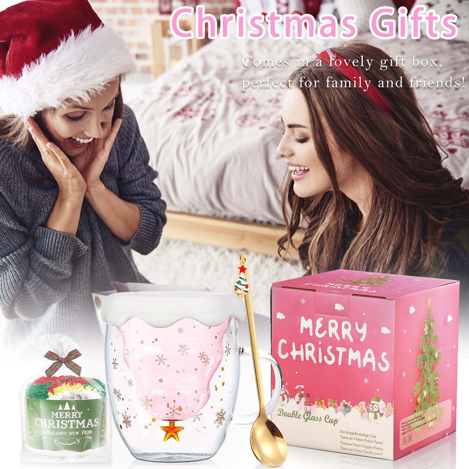 Binoster Cute Mugs Christmas Gifts Coffee Mug Double Walled Glass Mugs Milk Tea Espresso Cup Christmas Tree Decorations Christmas Funny Gifts for Women Men Kids Girls Her Best Friend（Pink） - Medaid International