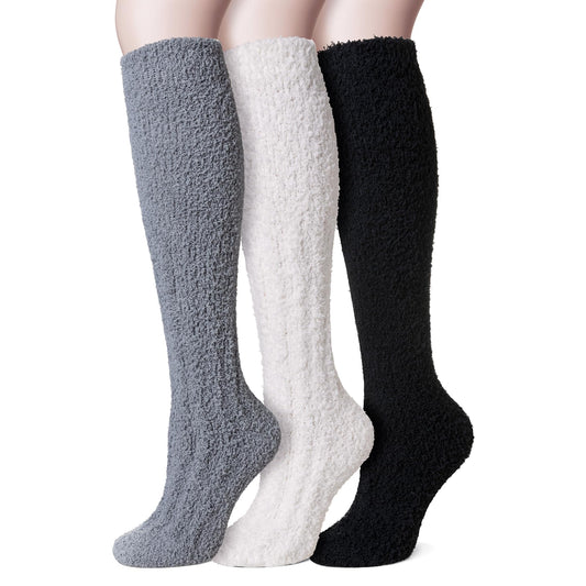 Velice Fuzzy Socks for Women 3 Pairs Knee High Fluffy Soft Warm Stocking Cozy Slipper Plush Winter Long Christmas Socks(Black/White/Grey) - Medaid International