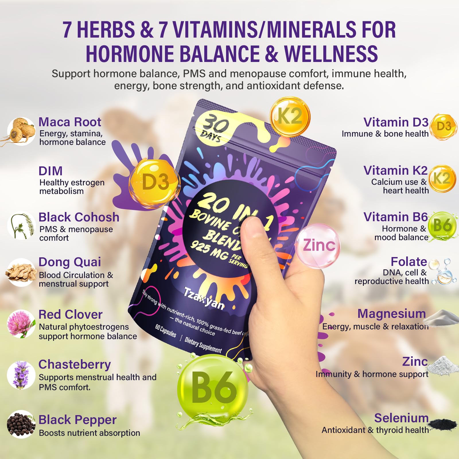 20-In-1 Beef Organ Supplement for Women, 925MG Grass Fed Beef Liver, Uterus, Ovary & 3 more with Maca, DIM, Black Cohosh, Vitamin & Mineral, Bovine organ Capsules for Hormone Balance, Energy, 30 Days - Medaid International