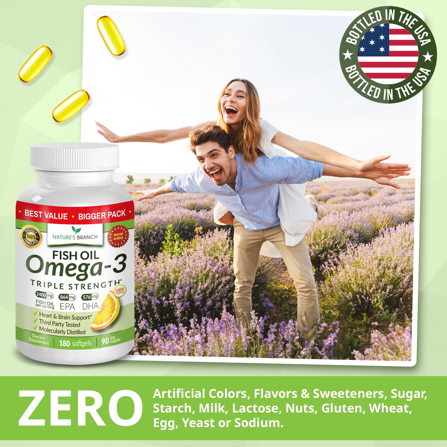 Best Triple Strength Omega 3 Fish Oil Pills - 180 Capsules - 2400mg High Potency Burpless Lemon Flavor 864mg EPA 576mg DHA Ultra Pure Liquid Softgels for Brain Joints Eyes Heart Health Supplement - Medaid International
