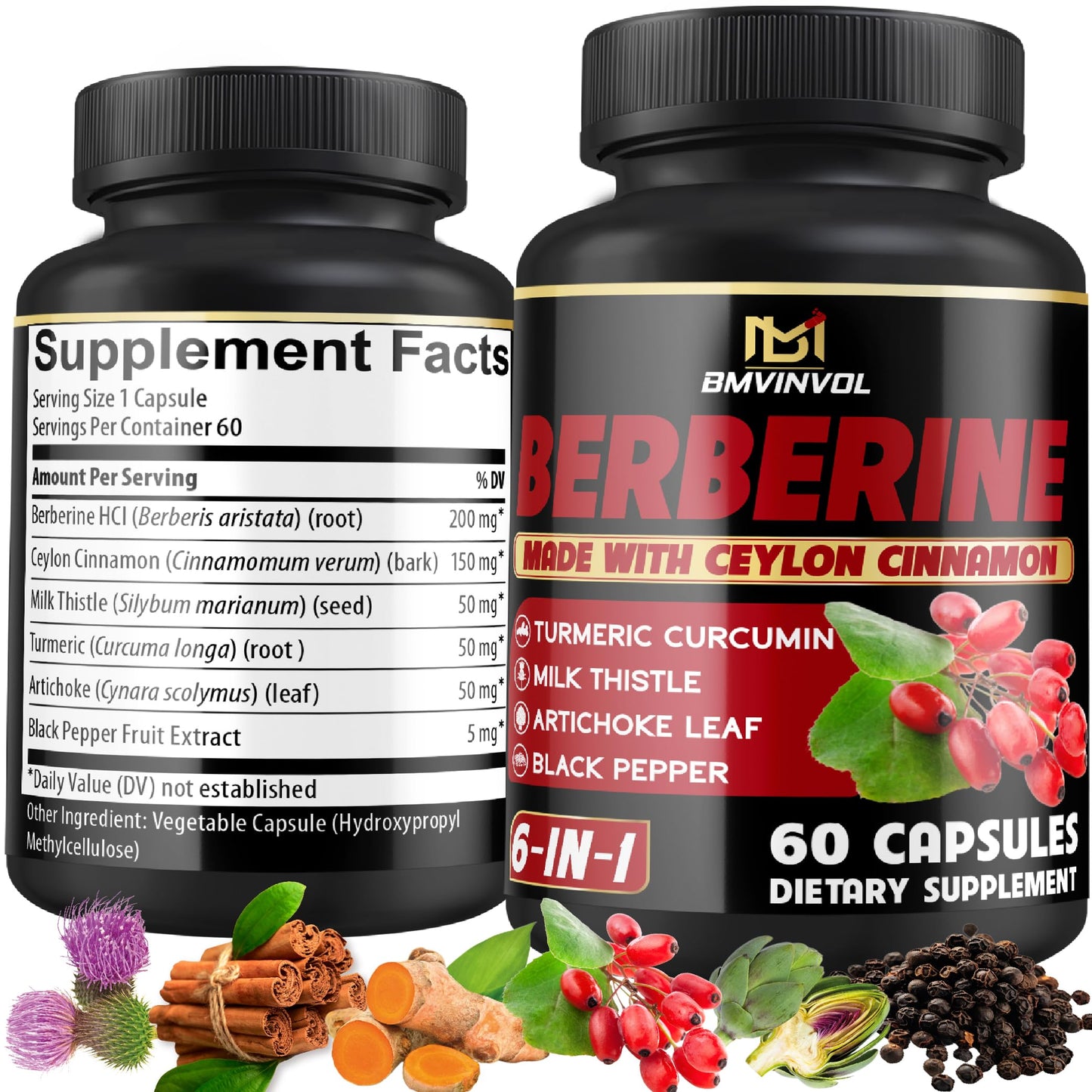 Berberine Supplement with Ceylon Cinnamon, Turmeric, Artichoke, Milk Thistle - Berberine HCl Supplement Pills - 60 Capsules [2-Month Supply] - Medaid International