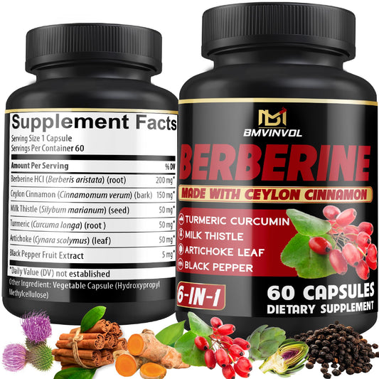 Berberine Supplement with Ceylon Cinnamon, Turmeric, Artichoke, Milk Thistle - Berberine HCl Supplement Pills - 60 Capsules [2-Month Supply] - Medaid International