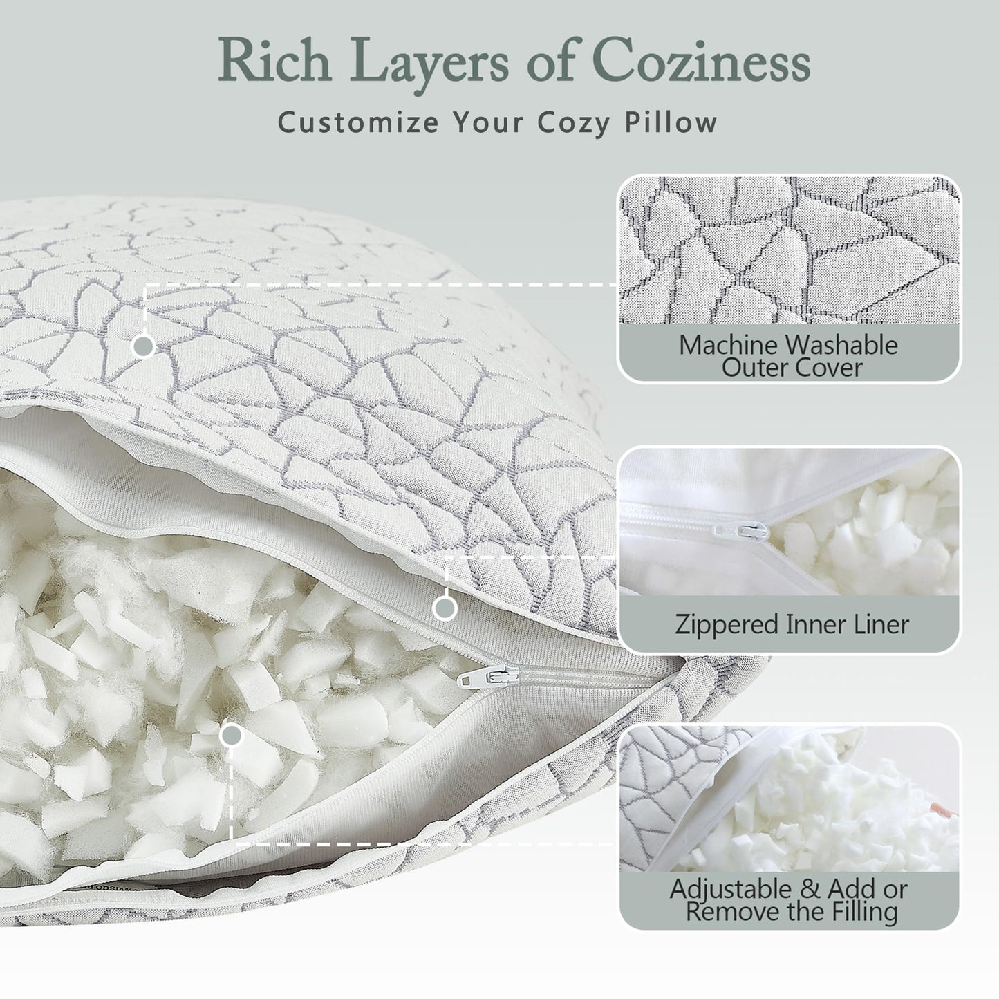 BPC Premium Rayon Derived from Bamboo Pillows Queen Size Set of 2 - Adjustable Shredded Memory Foam Pillow with Removable Cover Firm Pillow for Side Stomach and Back Sleepers, CertiPUR-US - Medaid International