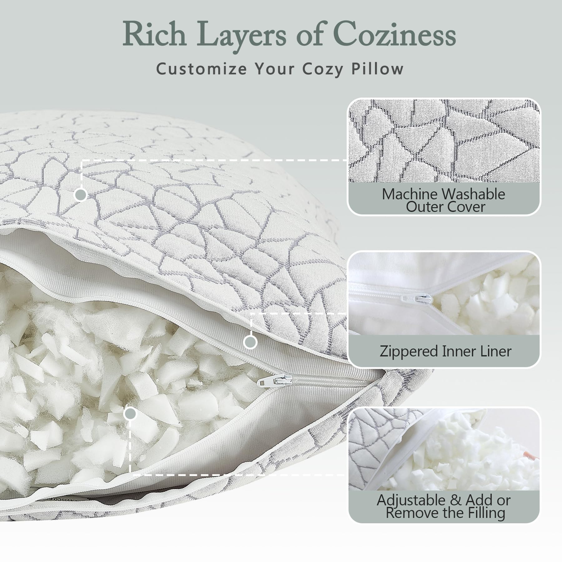 BPC Premium Rayon Derived from Bamboo Pillows Queen Size Set of 2 - Adjustable Shredded Memory Foam Pillow with Removable Cover Firm Pillow for Side Stomach and Back Sleepers, CertiPUR-US - Medaid International