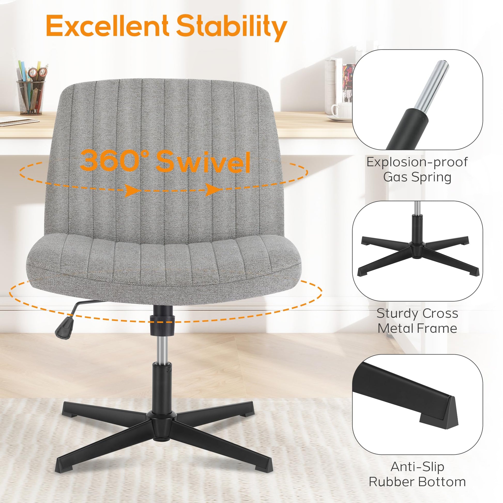 DUMOS Criss Cross Chair Legged Office Wide Comfy Desk Seat, No Wheels Armless Computer Task Seating, Swivel Vanity Home Height Adjustable - Medaid International