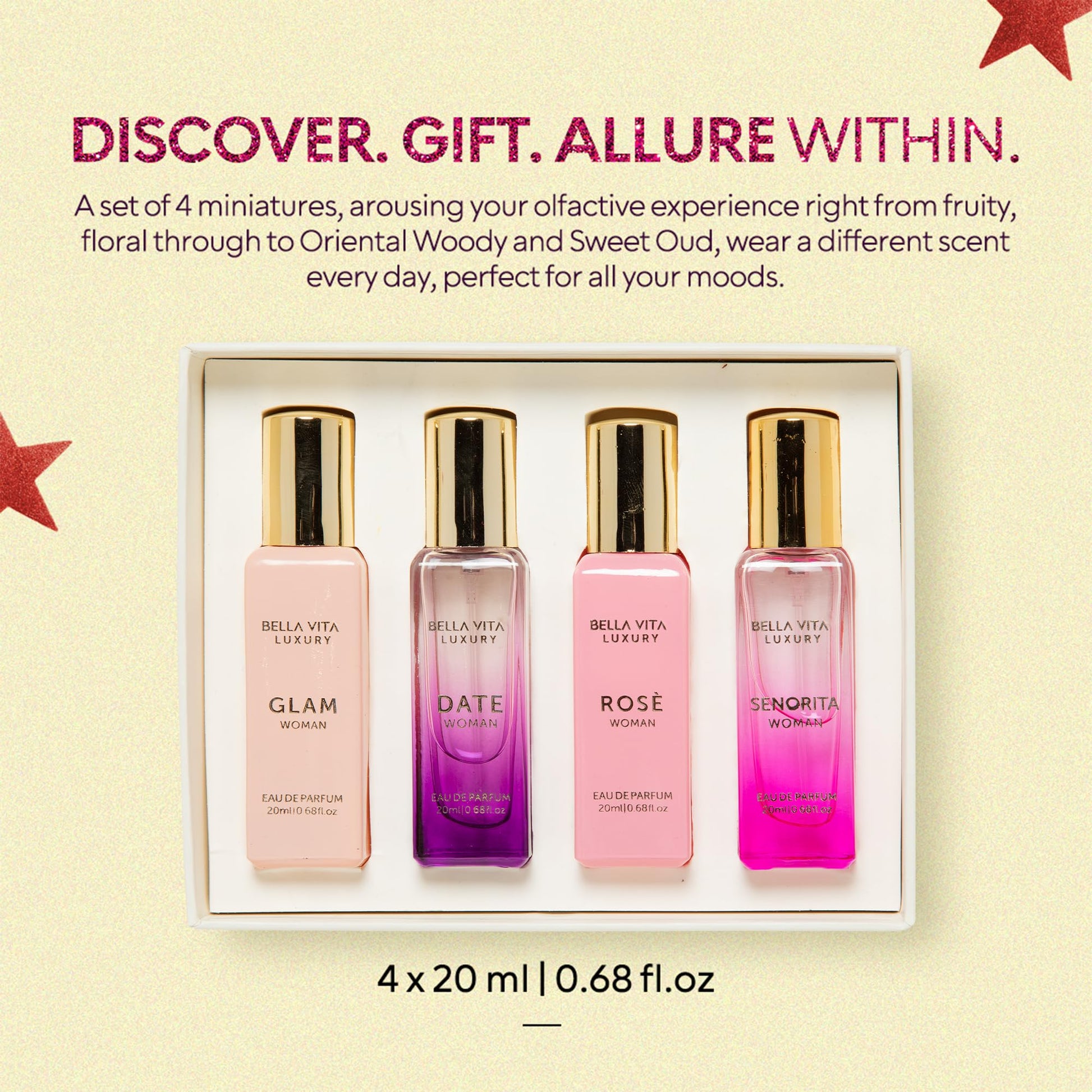 BellaVita Luxury Women's Perfume Gift Set (4x20ml) | Notes of Floral, Sweet, Spicey Red Fruit, Vanilla & Musk | DATE, SENORITA, GLAM & ROSE | French Parfum Collection Gift Set - Medaid International