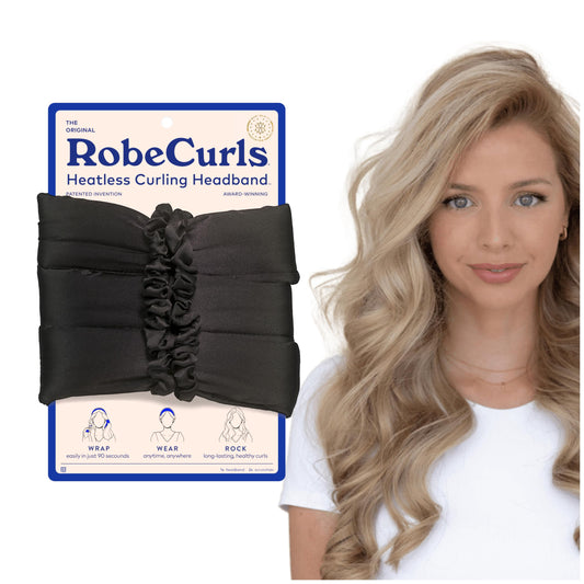 RobeCurls Heatless Hair Curler Set - Satin Curling Headband for Natural, No-Heat Curls - Sleep in Overnight Styling Tool with 2 Scrunchies - Easy & Gentle on Hair (Black) - Medaid International