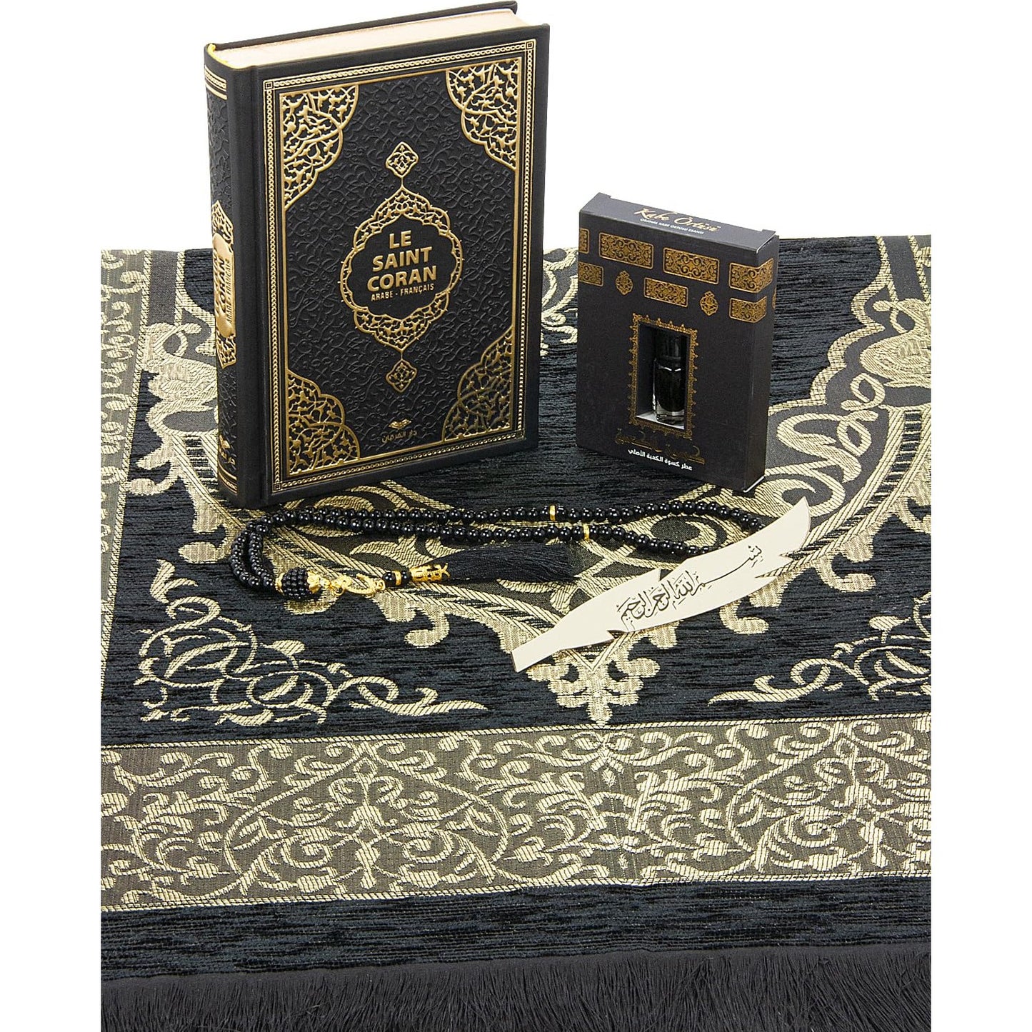 ihvan online Prayer Gift Set for Hajj and Umrah, Muslim Prayer Rug, Prayer Mat, Beads Taasbih, Holy Quran Translated French, Muslim Praying Mat, Islamic Gift Set for Ramadan & Eid, Black - Medaid International