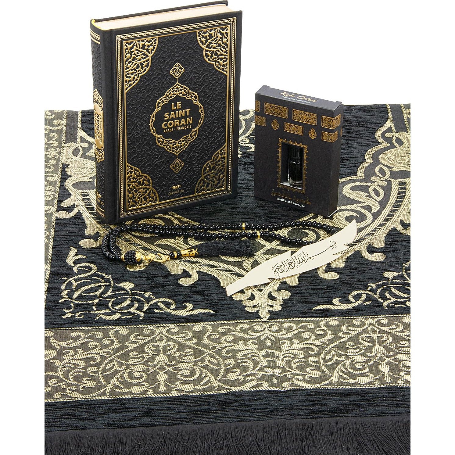 ihvan online Prayer Gift Set for Hajj and Umrah, Muslim Prayer Rug, Prayer Mat, Beads Taasbih, Holy Quran Translated French, Muslim Praying Mat, Islamic Gift Set for Ramadan & Eid, Black - Medaid International