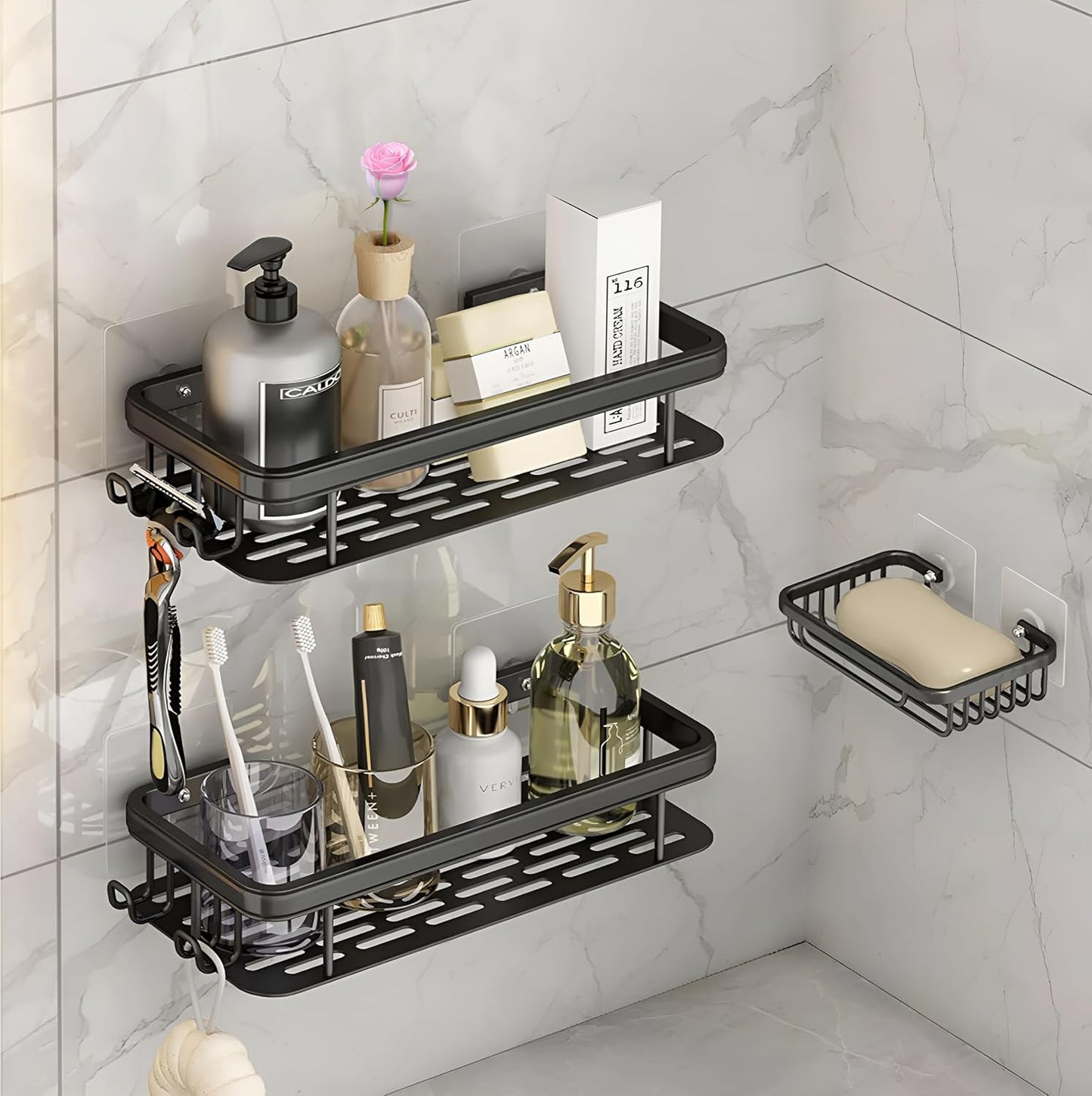 Shower Caddy Shelf 3 Pack, Wall-Mounted Bathroom Shower Rack With Soap Holder No Drilling Self Adhesive, Durable Black Aluminium, Kitchen Storage Organizer - Medaid