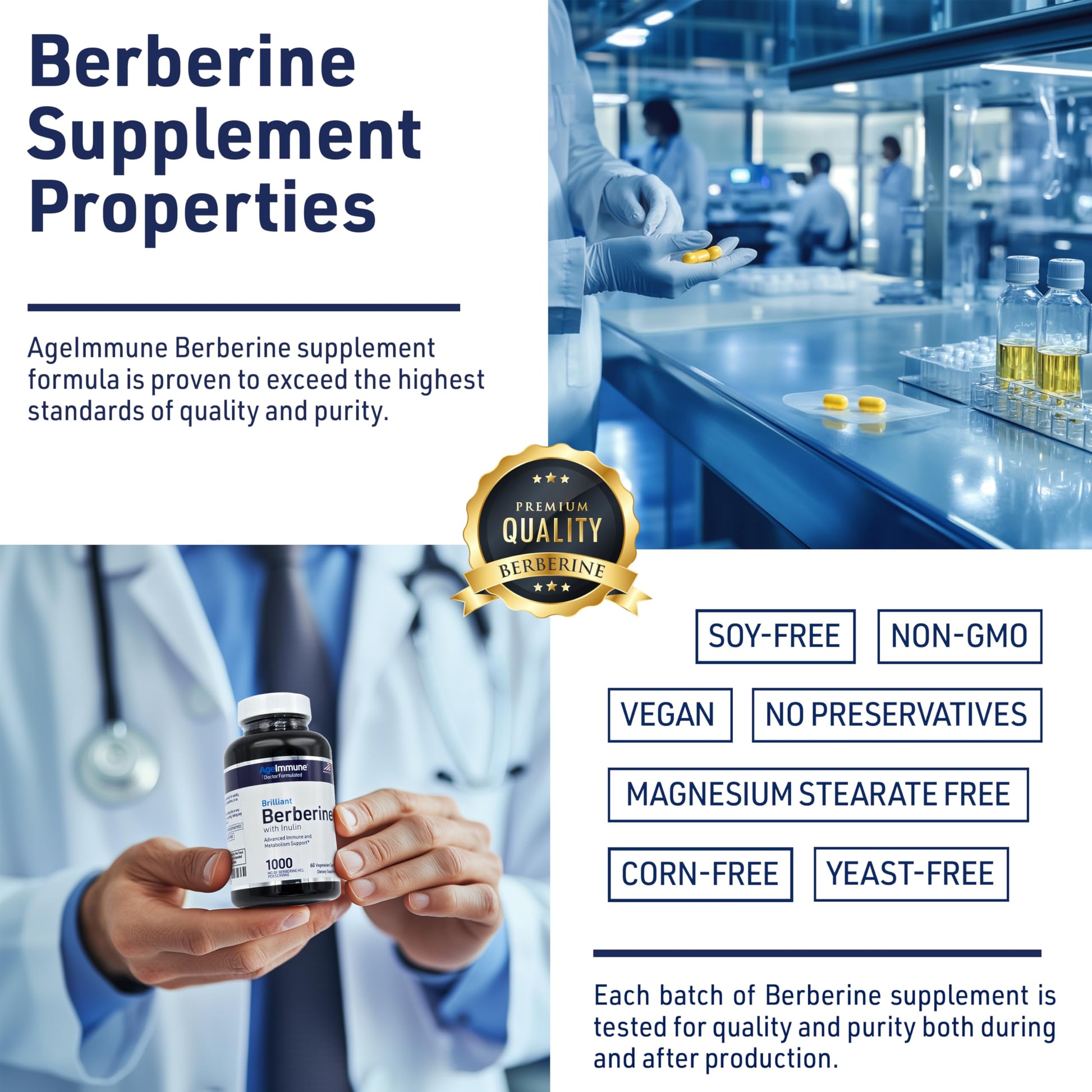 AgeImmune Berberine 1000mg Supplement Complex with Inulin Prebiotic - Each Capsule Contains Berberine 500mg - Doctor Formulated Supplements for High Absorption. - Medaid International