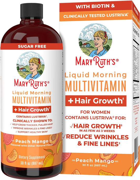 MaryRuth's Liquid Multivitamin + Lustriva® Hair Growth Vitamins | Biotin 10000mcg | Vitamin D | Clinically Tested for Thicker Hair, Wrinkles, Fine Lines, Skin Care | Ages 18+ | 30 Fl Oz - Medaid - Lebanon