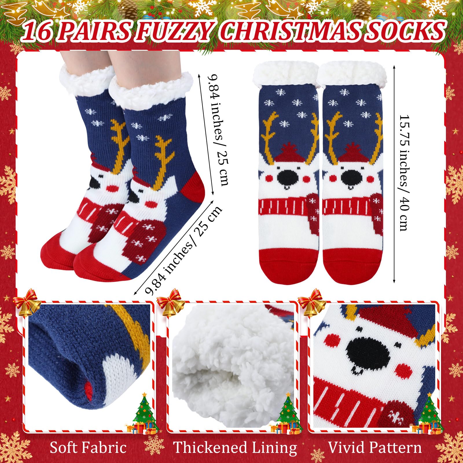 Cutecrop 16 16/24 Pairs Christmas Slipper Socks for Women Men Fuzzy Non-slip Cozy Fluffy Holiday Thermal Socks Bulk Gifts (Black Snowman) - Medaid International