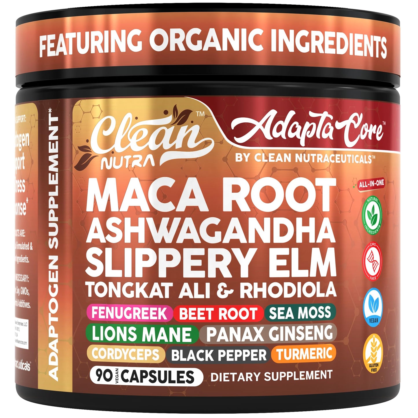 Adapta Core Adaptogens Supplements | Maca Root Ashwagandha Slippery Elm Tongkat Ali Rhodiola Rosea Fenugreek Beetroot Sea Moss Ginseng Pepper Mushrooms Horny Goat Weed 90 Capsules by Clean Nutra - Medaid International
