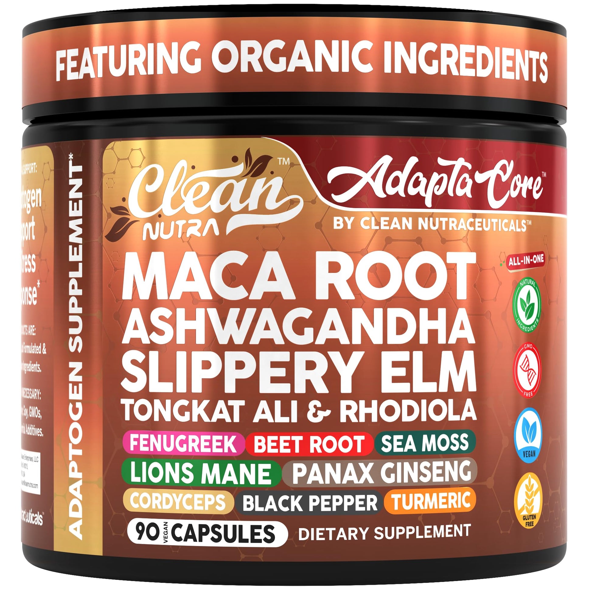 Adapta Core Adaptogens Supplements | Maca Root Ashwagandha Slippery Elm Tongkat Ali Rhodiola Rosea Fenugreek Beetroot Sea Moss Ginseng Pepper Mushrooms Horny Goat Weed 90 Capsules by Clean Nutra - Medaid International