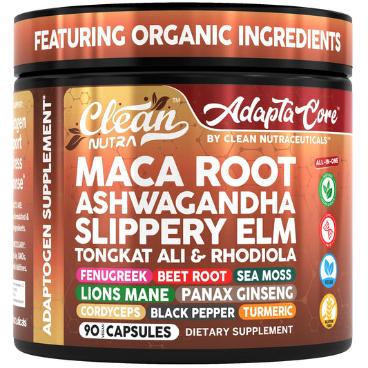 Adapta Core Adaptogens Supplements | Maca Root Ashwagandha Slippery Elm Tongkat Ali Rhodiola Rosea Fenugreek Beetroot Sea Moss Ginseng Pepper Mushrooms Horny Goat Weed 90 Capsules by Clean Nutra - Medaid International