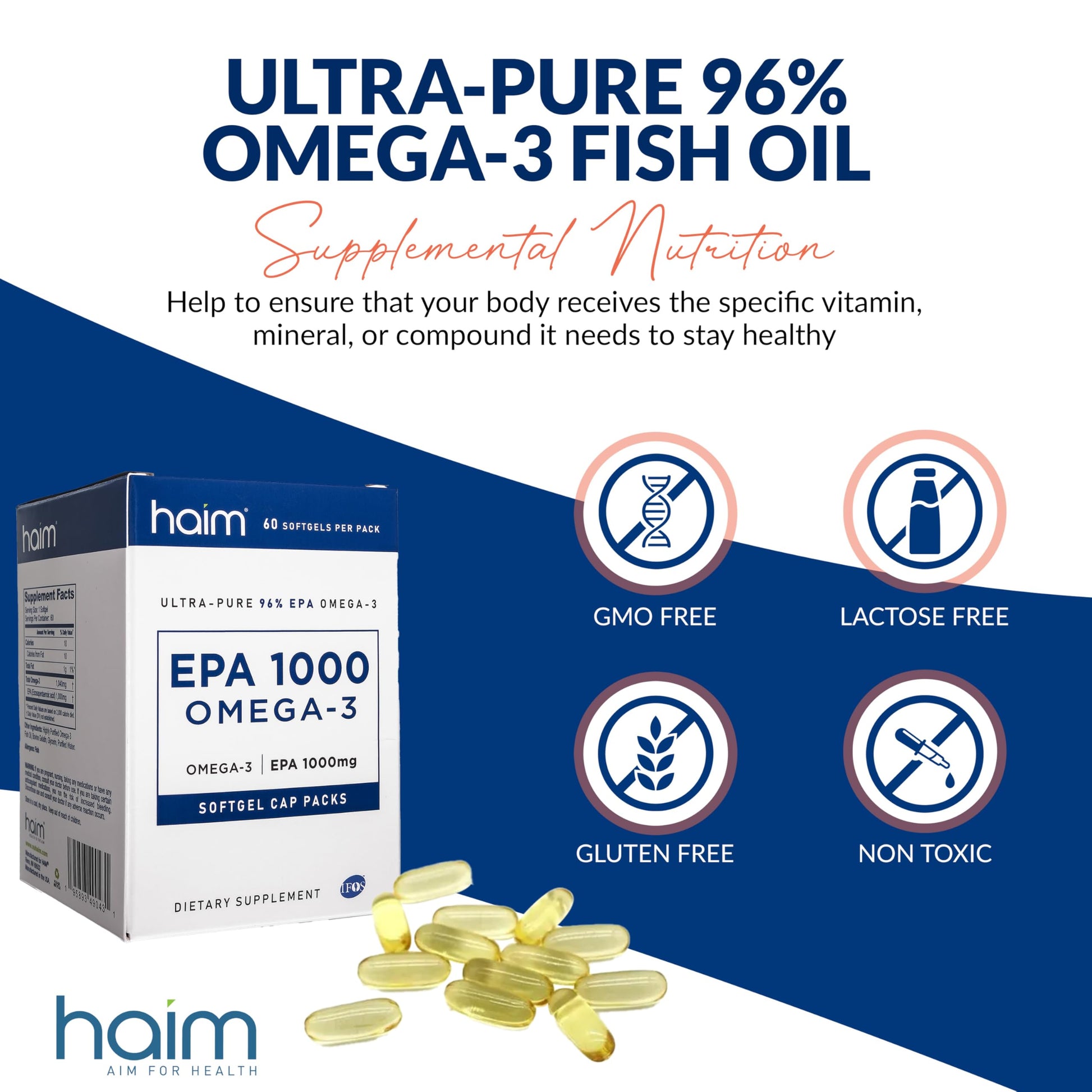 HAIM EPA1000 – High-Potency EPA Fish Oil Supplement – 1,100mg Omega-3 for Heart, Brain & Joint Health – Pharmaceutical-Grade Softgels – Pure, Burpless Capsules – 60 Softgels – Made in USA - Medaid International