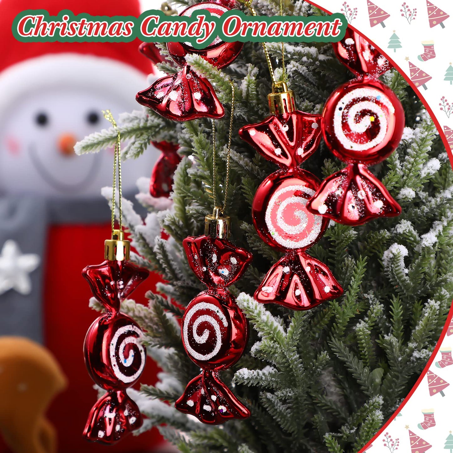 Threan 12 Pcs Christmas Candy Ornaments Hanging Glitter Candy Cane Decoration Xmas Tree Peppermint Ornament with Golden Rope for Xmas Halloween Decoration(Red,Plastic) - Medaid International