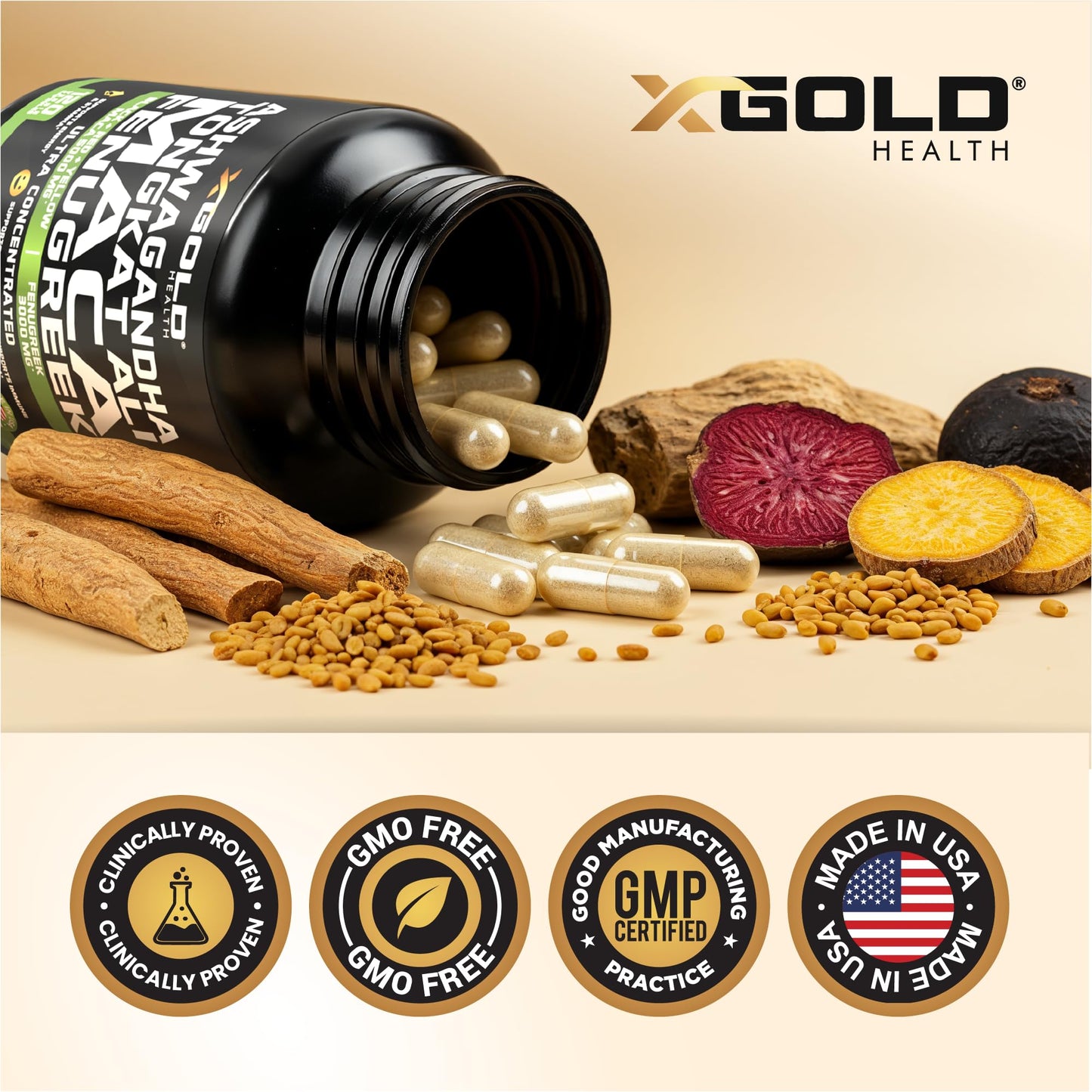 Ashwagandha 5000mg + Tongkat Ali 1000mg + Maca Root 5000mg + Fenugreek 3000mg Supplement | Black + Red + Yellow Maca Root Extract & Fenugreek Herbal Supplements for Men & Women - Made in USA - Medaid International