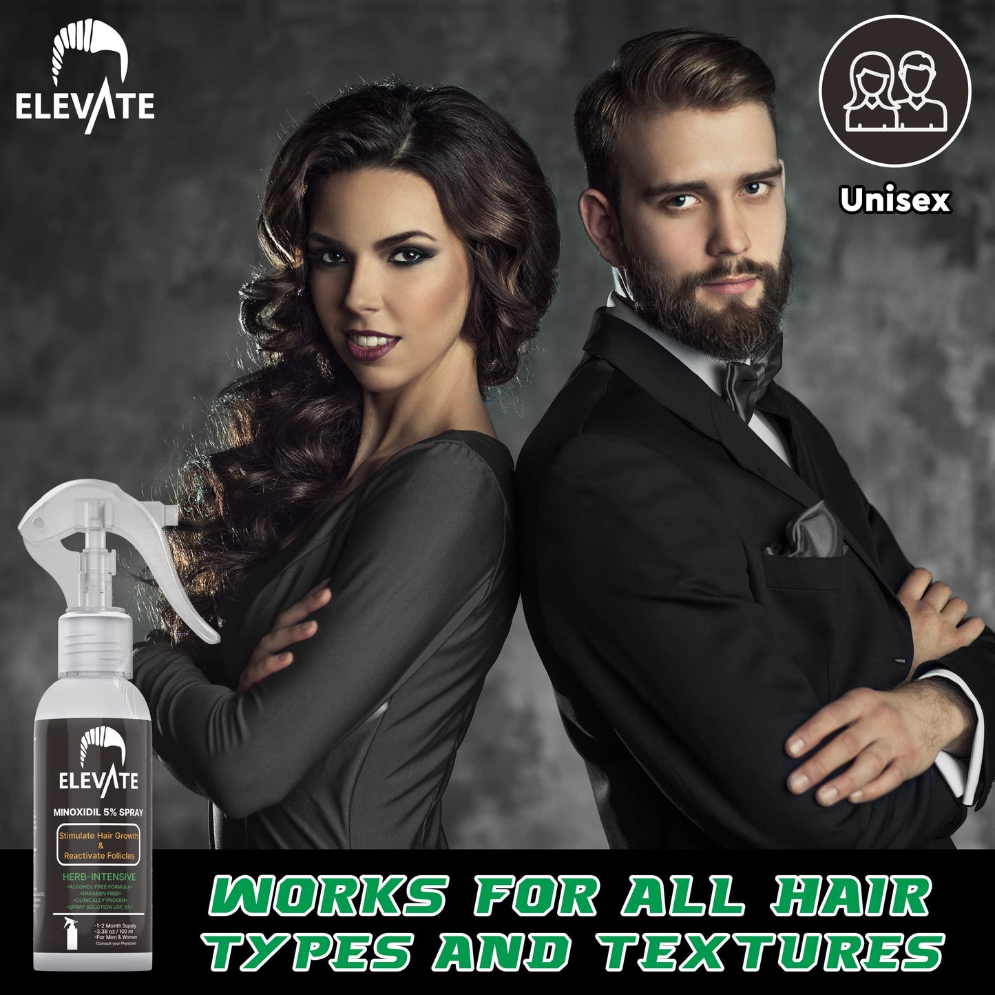 ELEVATE 5% Minoxidil Hair Growth Spray - Alcohol Free Non Oily Formula Extra Strength Professional Treatment for Hair Loss/Regrowth - Stimulate Hair Follicles for Men & Women - 1 Month Supply - Medaid International