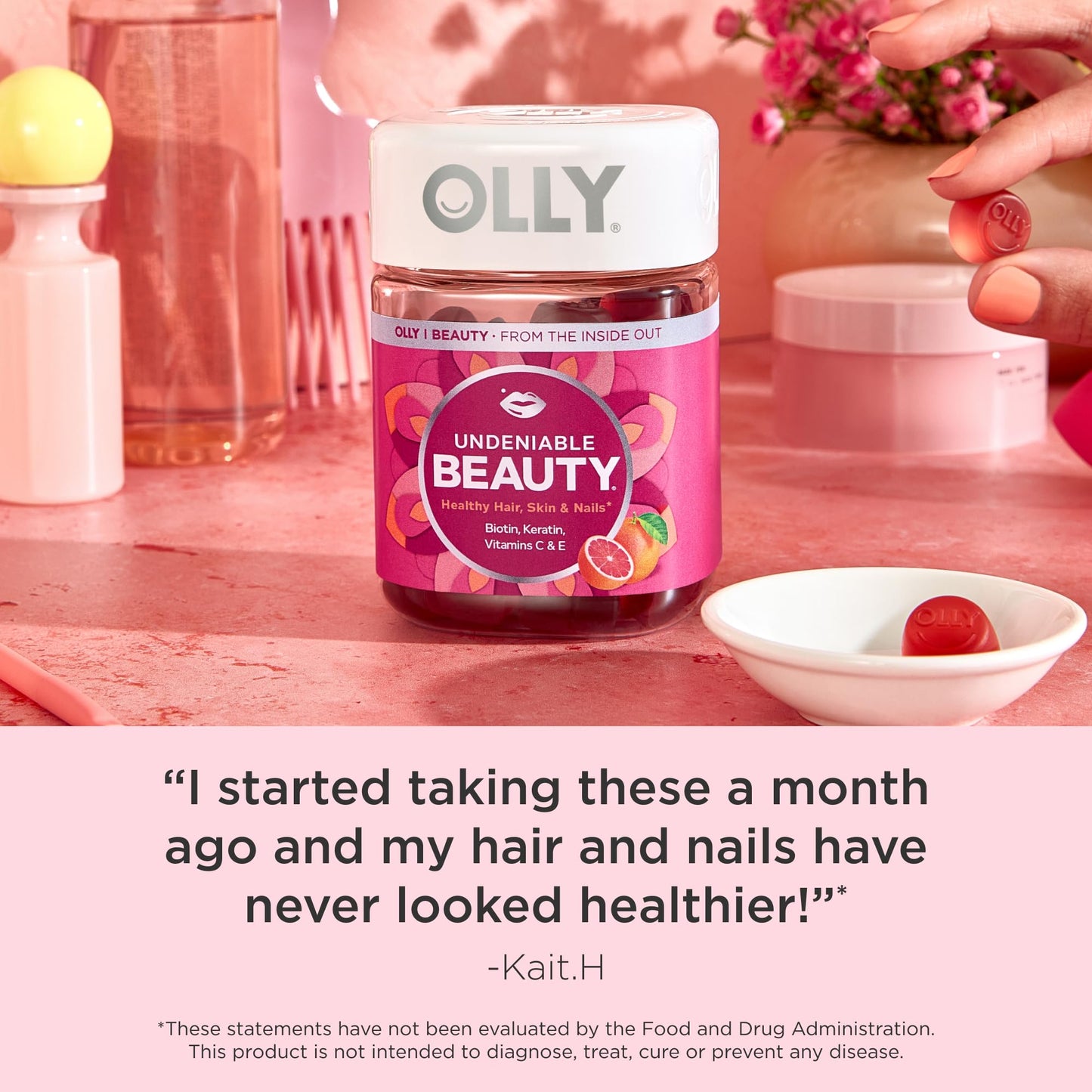 OLLY Undeniable Beauty Gummy, For Hair, Skin, Nails, Biotin, Vitamin C, Keratin, Chewable Supplement, Grapefruit, 30 Day Supply - 60 Count - Medaid International