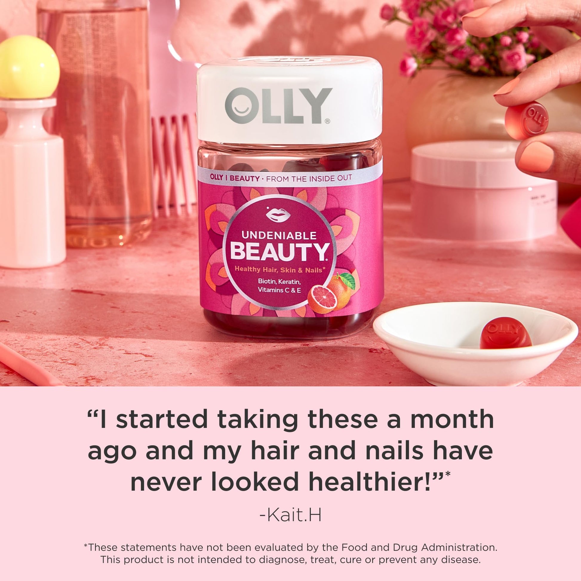 OLLY Undeniable Beauty Gummy, For Hair, Skin, Nails, Biotin, Vitamin C, Keratin, Chewable Supplement, Grapefruit, 30 Day Supply - 60 Count - Medaid International