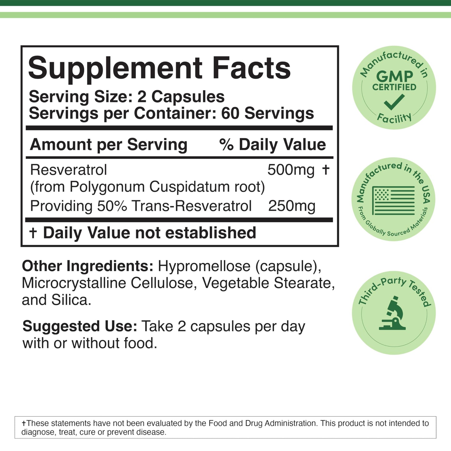 Resveratrol Supplement 500mg Per Serving, 120 Capsules (Resveratrol Polygonum Root Extract Providing 50% Trans Resveratrol) Healthy Aging Support by Double Wood - Medaid International