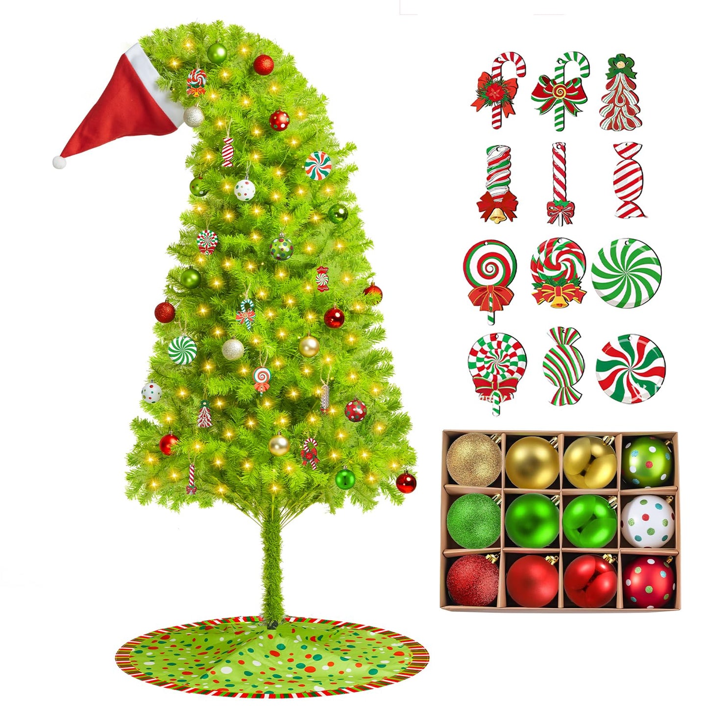 6ft Whimsical Christmas Tree,Bendable Pre-lit Christmas Trees with 200LED Lighted,Includes 1800 Tips,24 Balls,12 Wooden plaques,1 Christmas Hat,1 Tree Skirt - Medaid International