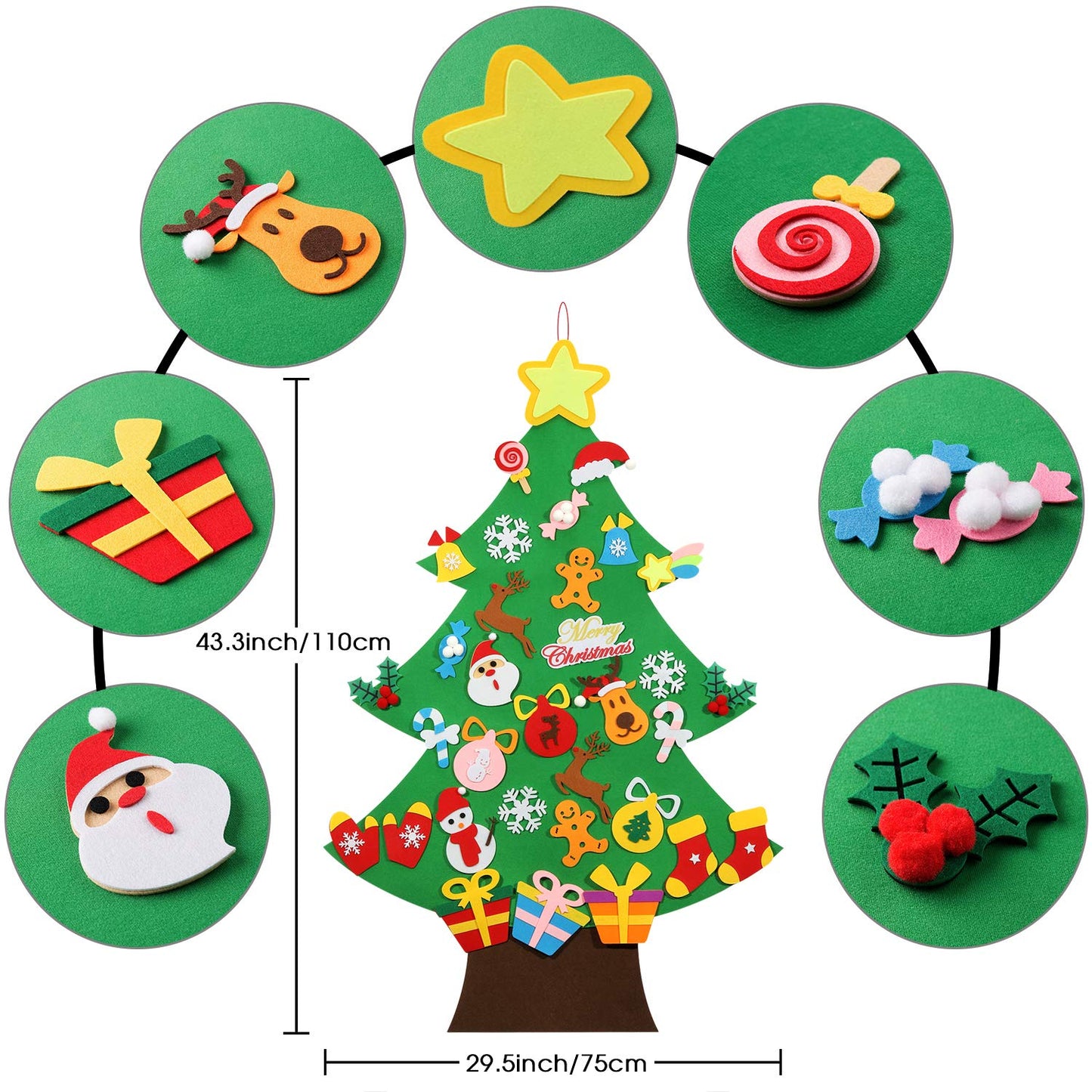 TOBEHIGHER DIY Felt Christmas Tree - 3.6 FT, 41 Piece Ornament Set, 3D Design, Reusable Adhesive Pads, Green, Life-Size, Unisex, Christmas Theme, Art & Craft Kit for Kids - Medaid International