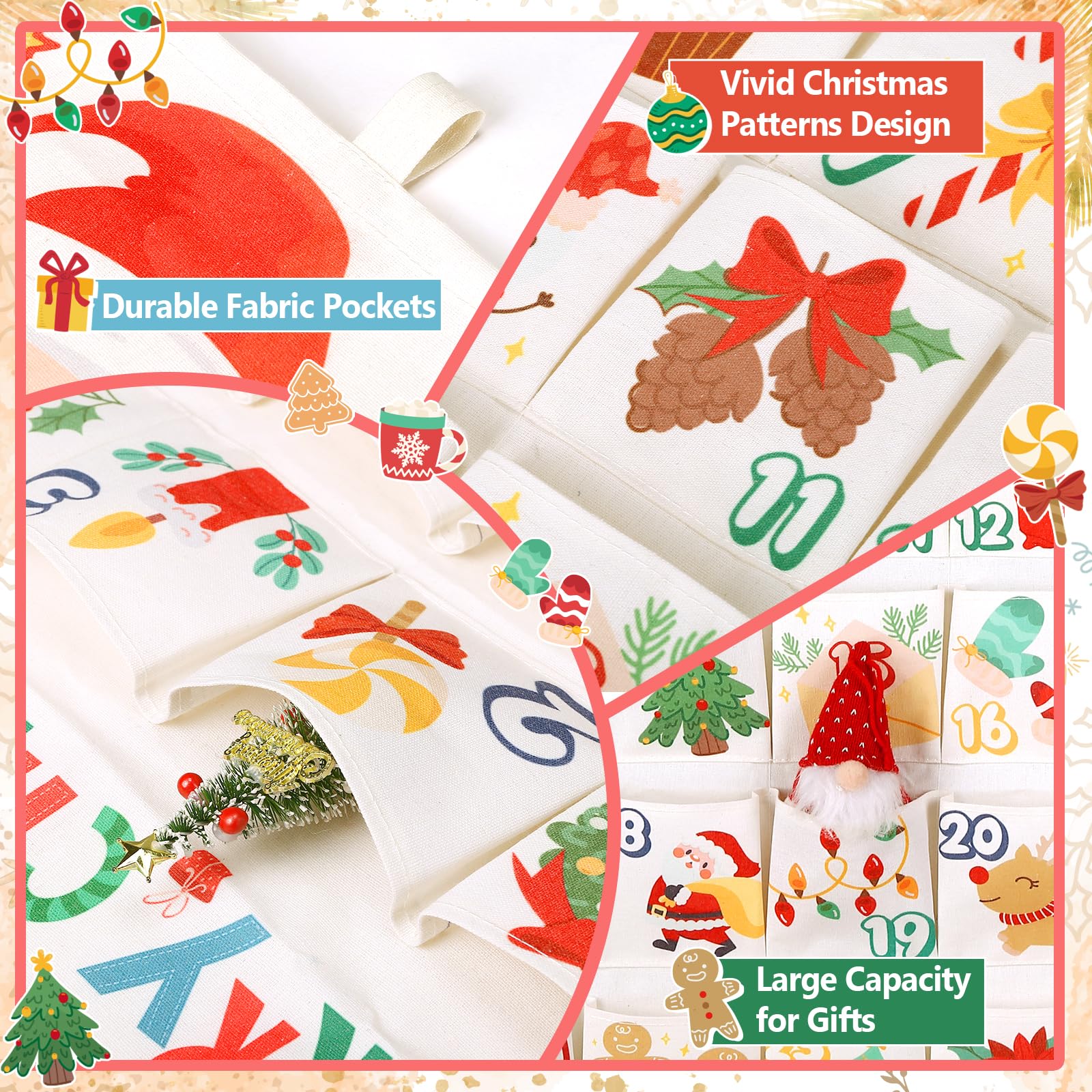 Naler Christmas Hanging Advent Calendar 2025 with 24 Pockets - 20x47 in, Empty Advent Calendar to Fill, Reusable Advent Calendar for Wall Decoration with 24 Pockets for Christmas New Year Party - Medaid International