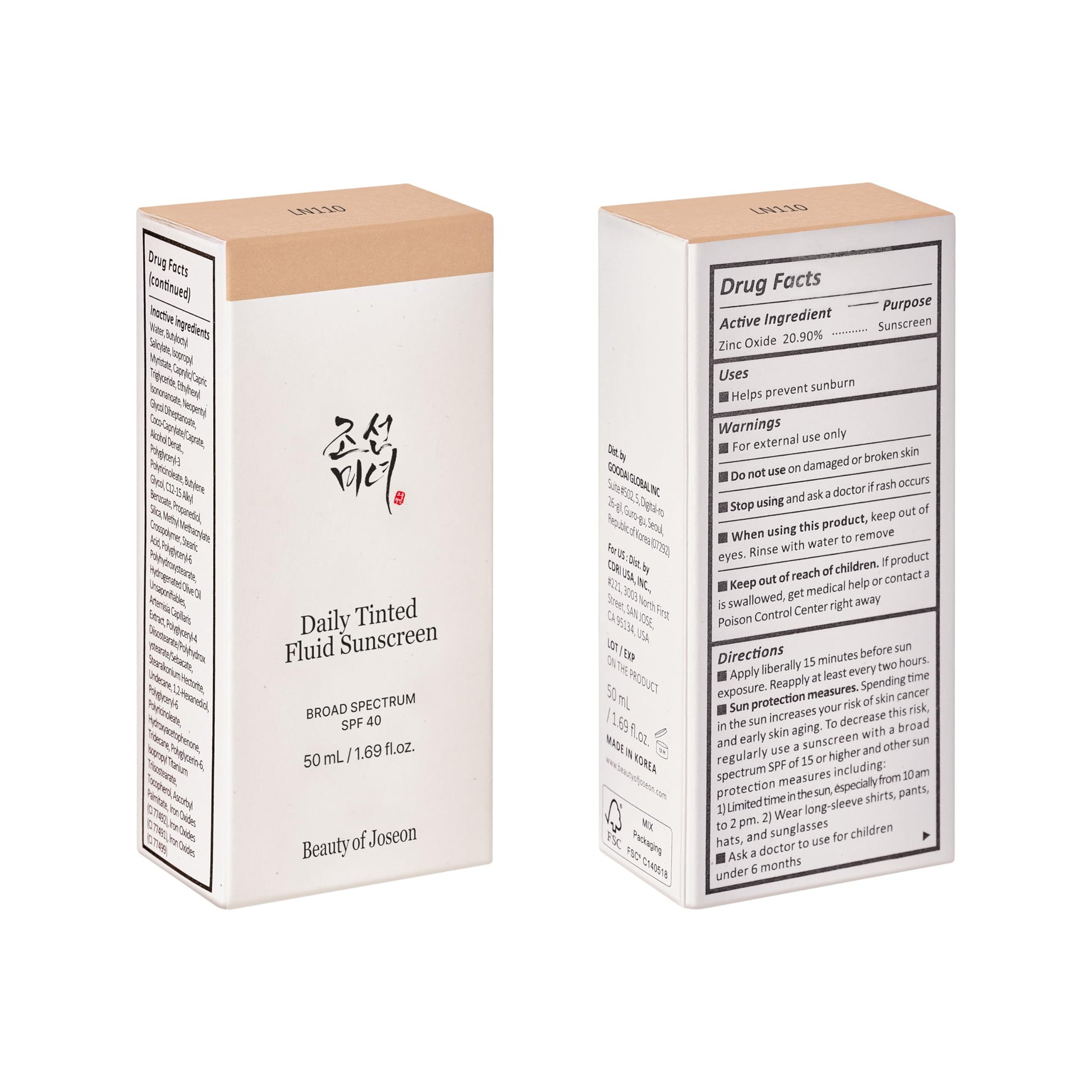 Beauty of Joseon Daily Tinted Fluid Sunscreen 12 Shades for Face Moisturizing Broad Spectrum SPF 40 Korean Skincare 50ml, 1.69 fl.oz #LN110 - Medaid International