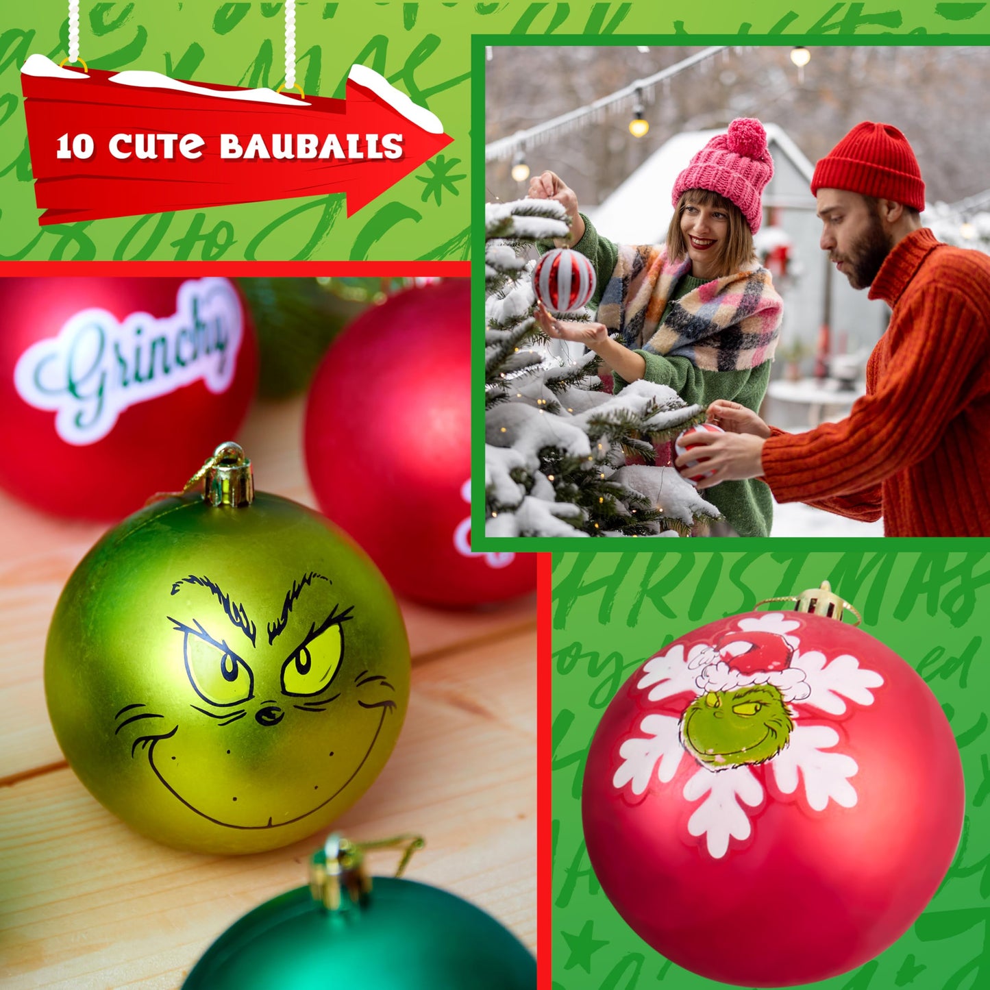 The Grinch Christmas Ornaments, Pack of 10 Funny Christmas Ball Tree Decorations - Medaid International