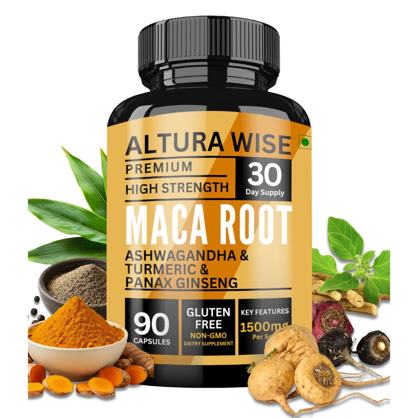 AlturaWise 5 in 1 Pure Maca Root Capsules for Men and Women | Maca Root Powder Capsules with Black + Red + Yellow Maca Root with ashwagandha, panax Ginseng Extract Supplement - 90 Vegan Pills - Medaid International