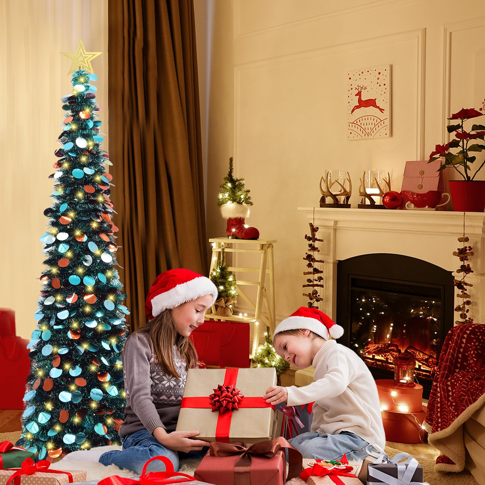 HMASYO 5 FT Pop Up Christmas Tree with Timer Lights, Blue Christmas Tinsel Tree, Collapsible Artificial Pencil Christmas Tree for Indoor Home Apartment Porch Holiday Party Decorations - Medaid International