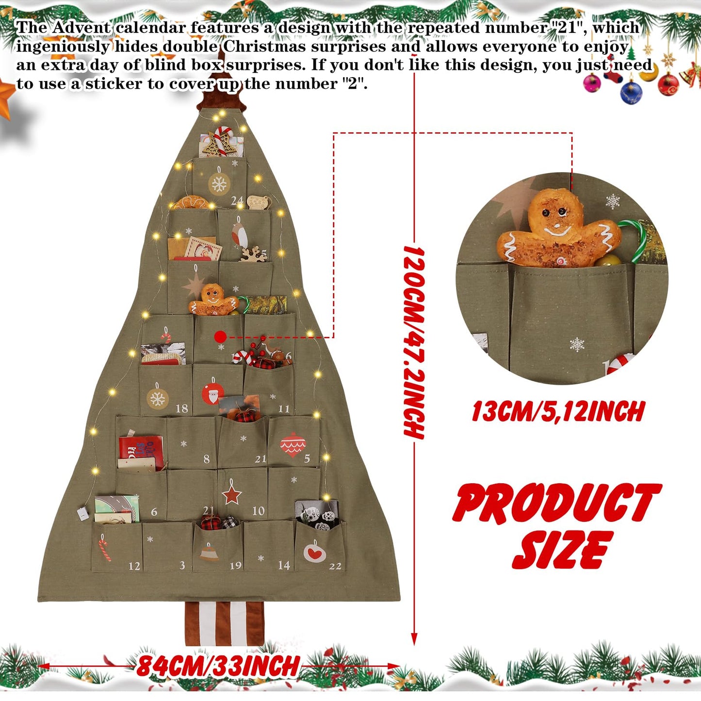SATINIOR Fabric Christmas Advent Calendar with Pockets Xmas Tree Empty Cloth Advent Calendar to Fill 24 Days Reusable Natural 24 Days Countdown Hanging Storage Bag for Home Xmas Countdown Decoration - Medaid International