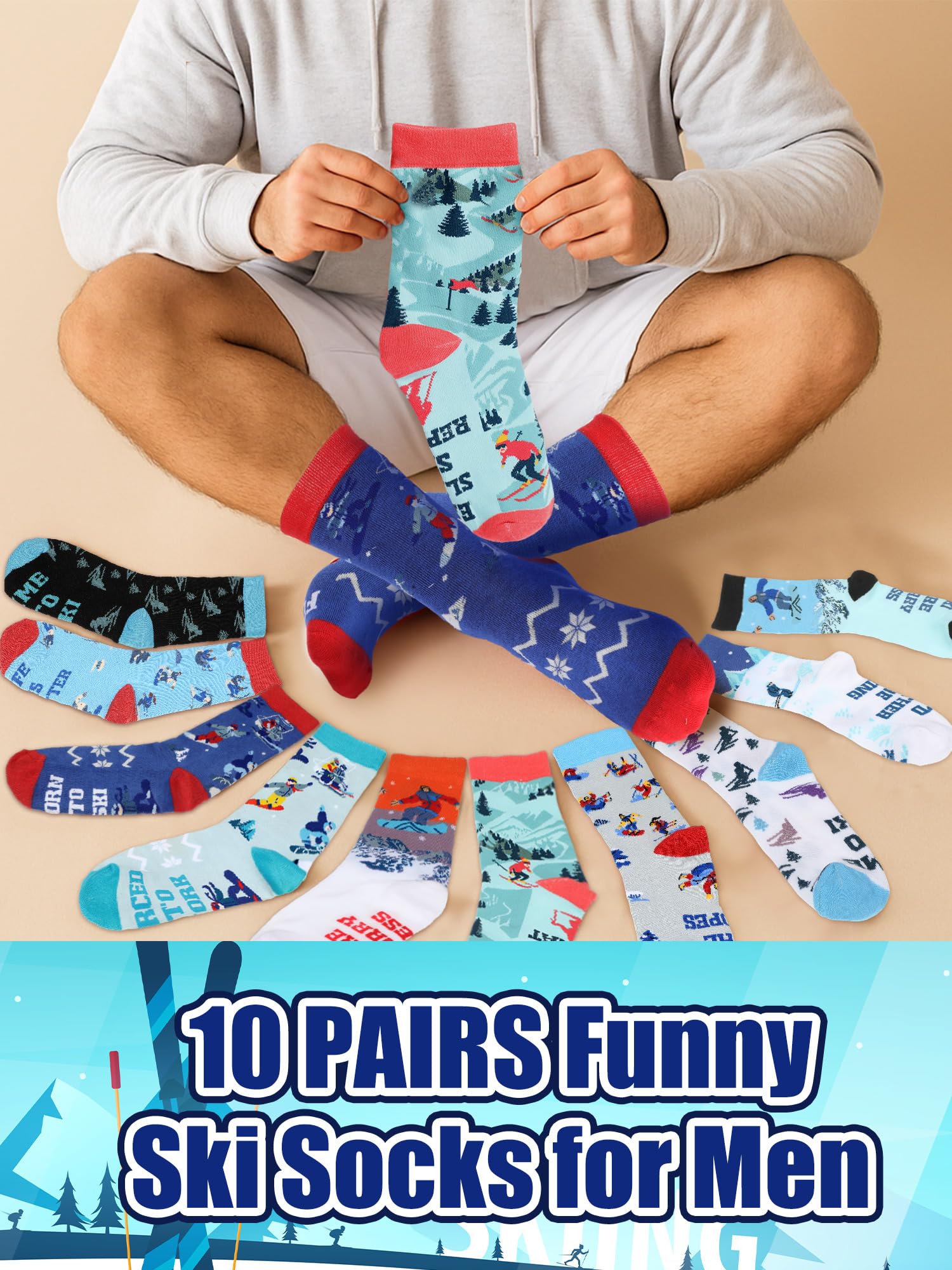 Maiteenly 10 Pairs Funny Ski Themed Crew Socks Novelty Winter Snowboarding Gift Ideas for Ski Lovers Skiers Men Youth Christmas Xmas Holiday, 10 Styles - Medaid International