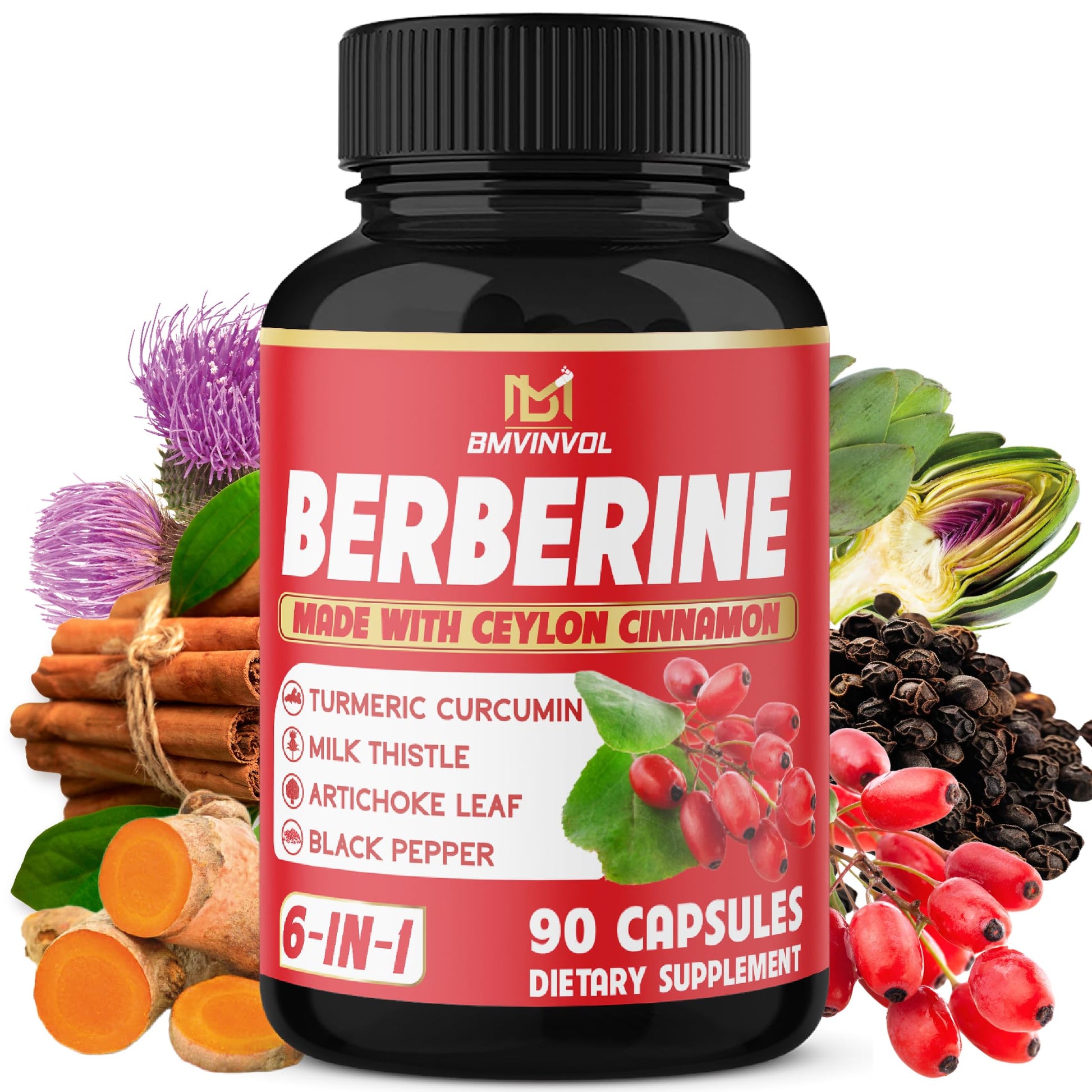 Berberine, Ceylon Cinnamon, Turmeric, Milk Thistle, Artichoke, Black Pepper - 90 Capsules for Digestion, Immunity [3-Month Supply] - Medaid International