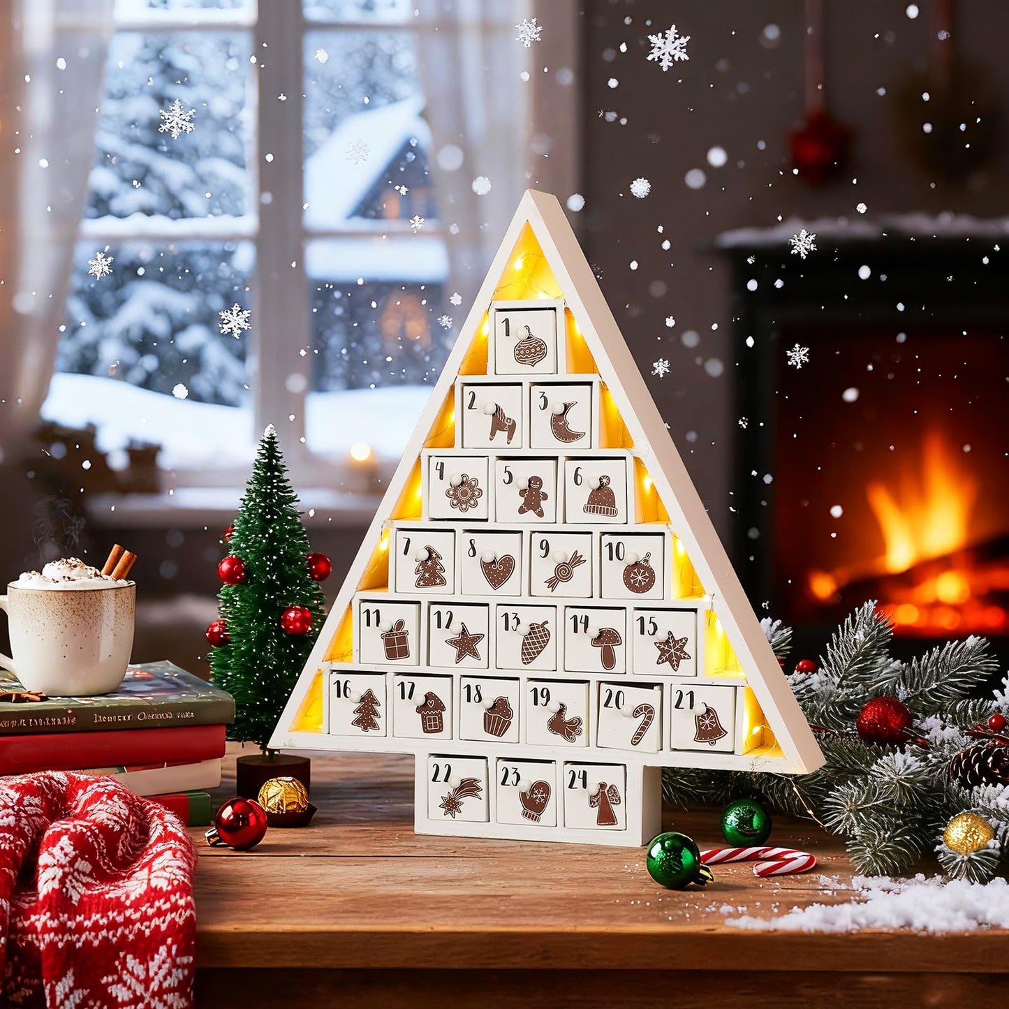 Cinnvoice LED Wooden Christmas Advent Calendar with 24 Drawers, Tree Shaped Countdown to Christmas Refillable Wooden Advent Calendar with LED Lights, Reusable Xmas Gift for Family Adults Friend, White - Medaid International