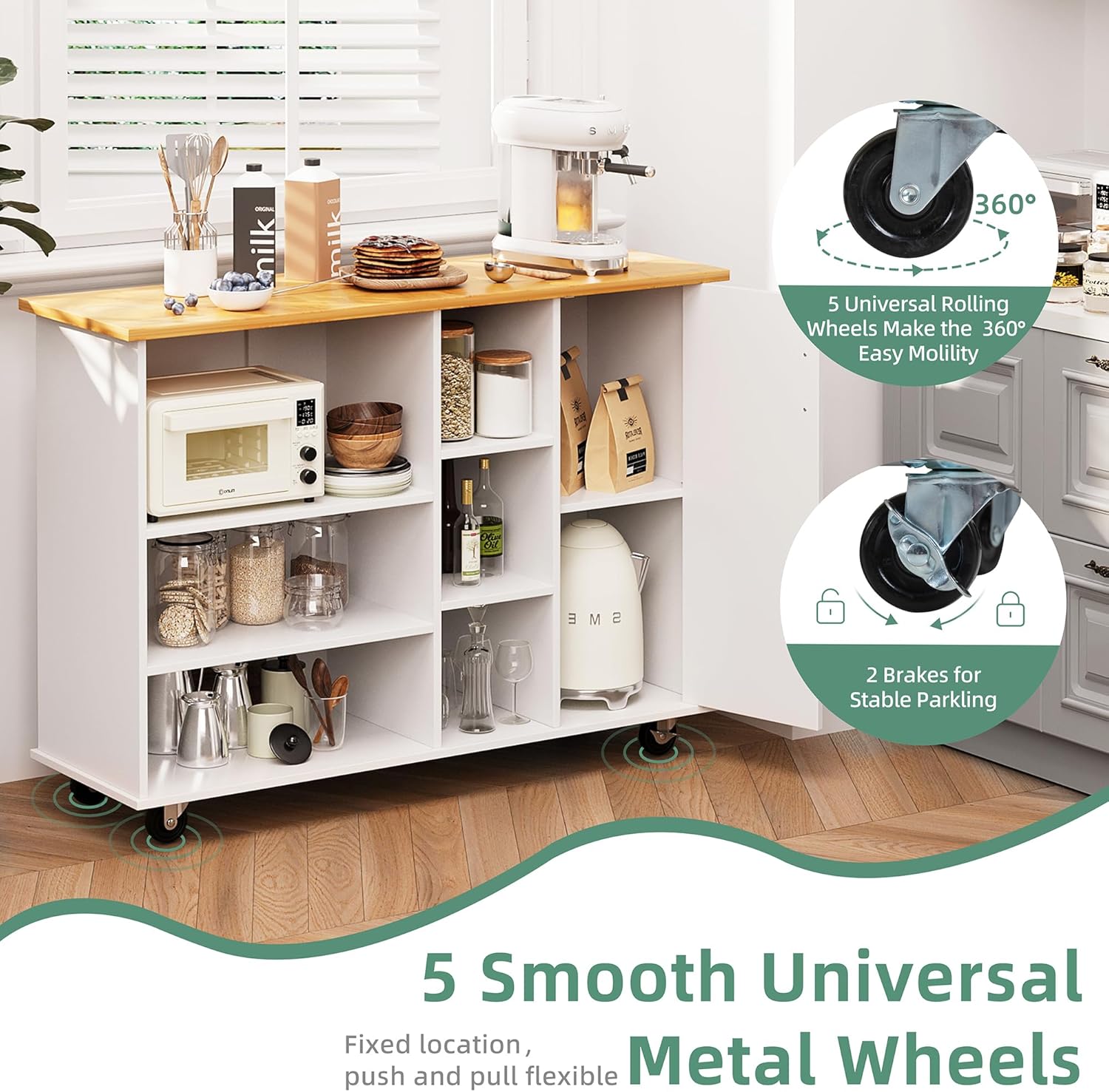 Shintenchi Kitchen Island Cart with Storage,Rolling Kitchen Island Storage Cabinet,Side Table on Wheels with Worktop,3 Open Shelves and 3 Drawers for Kitchen,Dinning Room, White - Medaid International