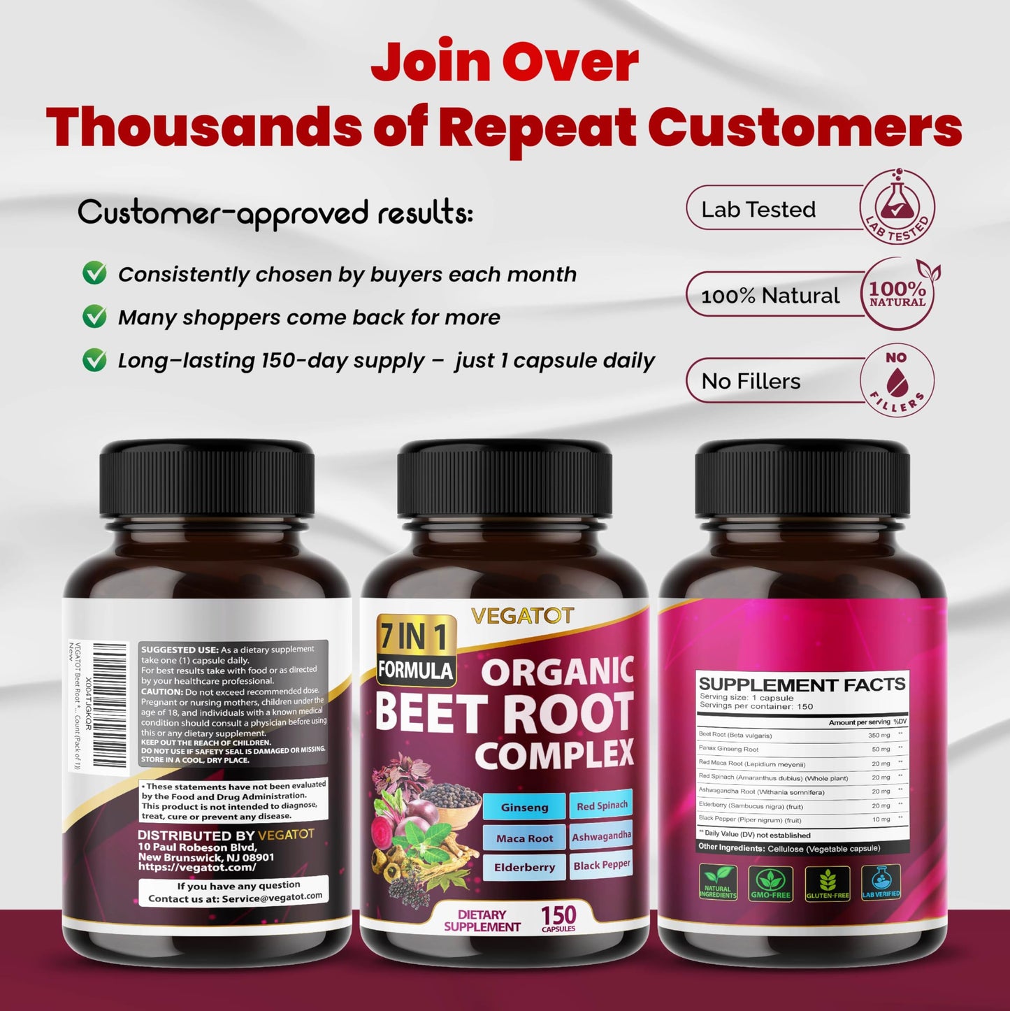 VEGATOT Beet Root *USA Made and Tested* Concentrated with Ginseng Maca Root Ashwagandha - Energy Stamina Immune Support (150 Count (Pack of 1)) - Medaid International