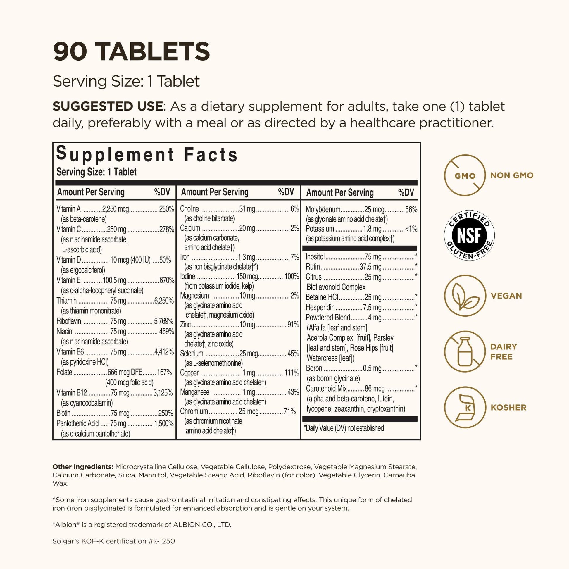 Solgar Formula VM-75, 90 Tablets - Multivitamin with Chelated Minerals - Vitamin A, B6, B12, C, D, E - Biotin, Magnesium, Calcium, Iron, Zinc - Vegan, Gluten Free, Dairy Free, Kosher - 90 Servings - Medaid International