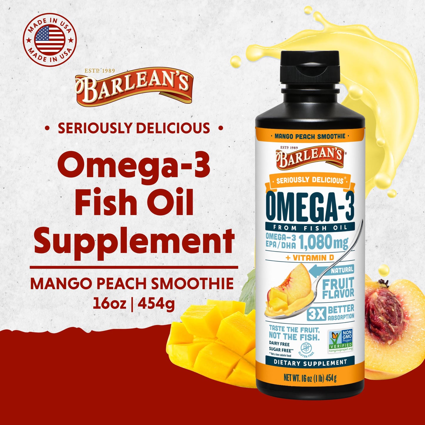 Barlean's Omega 3 Fish Oil Liquid Supplement with Vitamin D for Men and Women, Mango Peach, 1080mg EPA and DHA Fatty Acid, 16 oz - Medaid International
