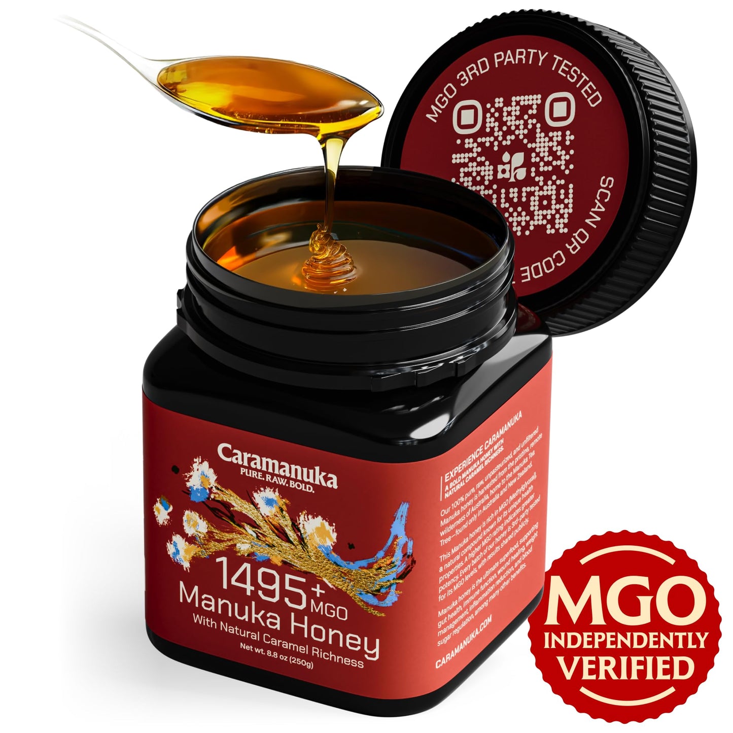 Caramanuka Manuka Honey MGO 1495+ / 100% Raw, Pure, Unfiltered & Unpasteurized, 3rd Party Tested, Ultra-Potent, Glyphosate-Free, Australian Premium Manuka Honey - Medaid International