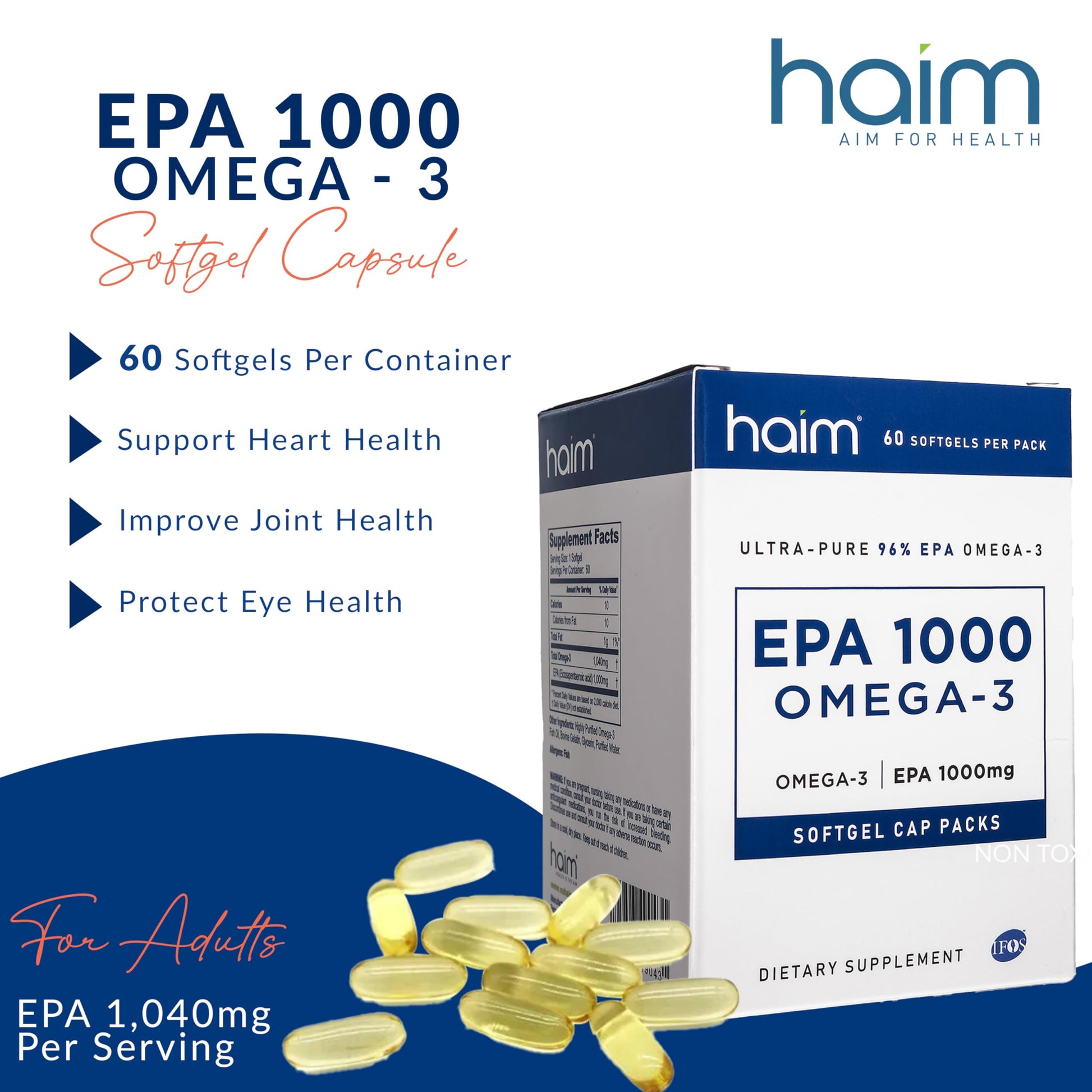 HAIM EPA1000 – High-Potency EPA Fish Oil Supplement – 1,100mg Omega-3 for Heart, Brain & Joint Health – Pharmaceutical-Grade Softgels – Pure, Burpless Capsules – 60 Softgels – Made in USA - Medaid International